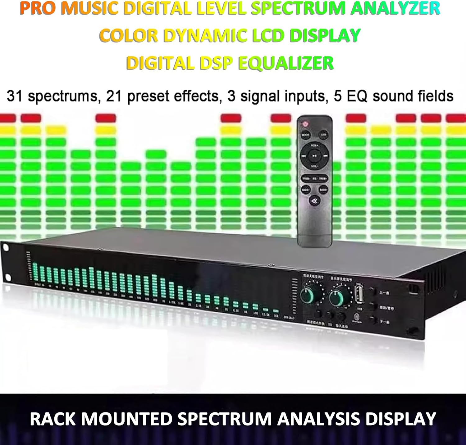 31 Bands Digital Equalizer, Stereo Graphic Audio Equalizer, with 10 Preset Effects, Low/Mid/Treble Adjustment, USB Input Possible, Automatic Noise Reduction, 1U Rack Mount, for Recording Studio