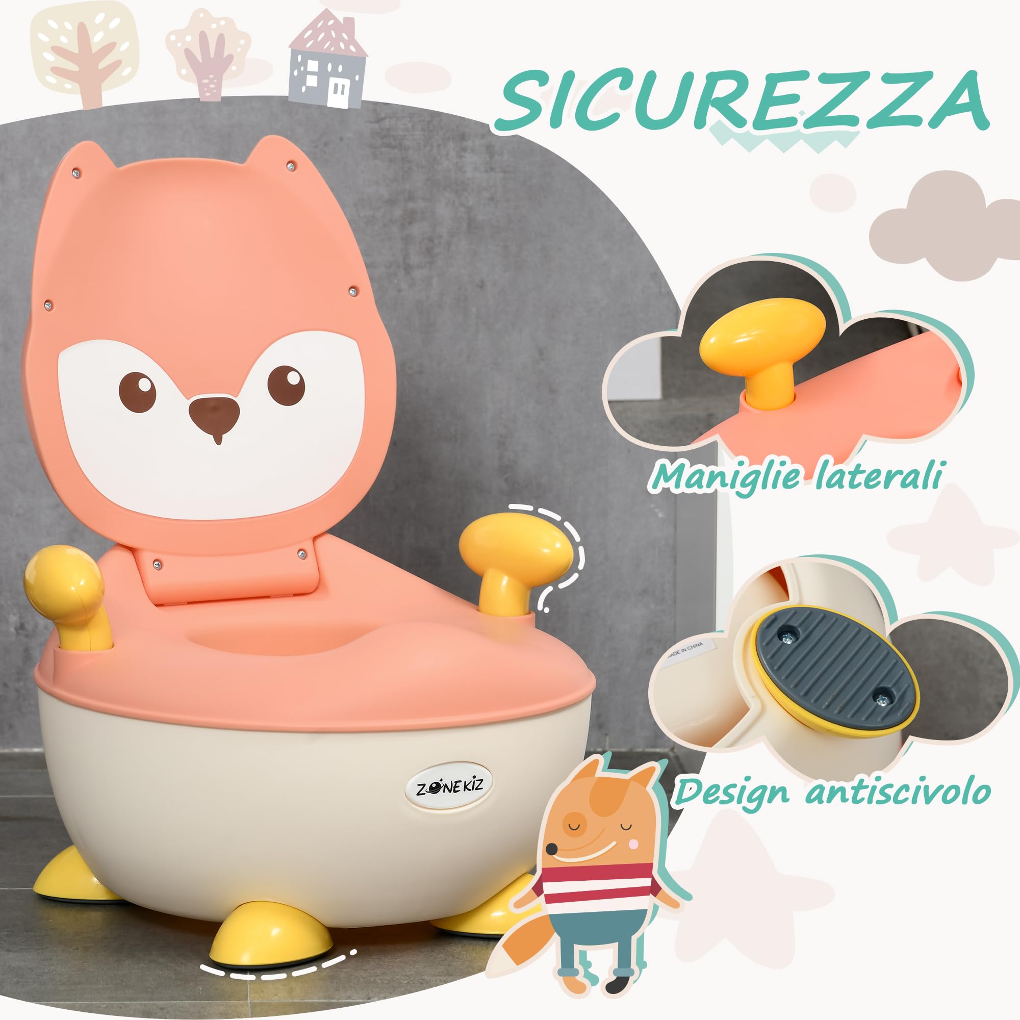 ZONEKIZ Vasino per Bambini con Schienale e Design a Volpe, WC per Bambini con Vaschetta Rimovibile e Braccioli, Età 6 Mesi-3 Anni, Rosa