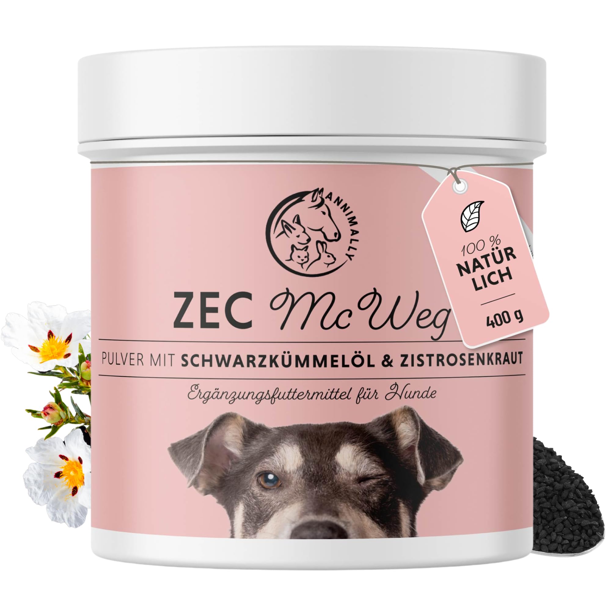 Annimally Zec McWeg Pulver für Hunde - 400g mit Schwarzkümmelöl, Zistrosenkraut, Bierhefe & Seealge - Effektive Unterstützung in der Saison, komplett natürliche Alternative zu Tabletten und Drops