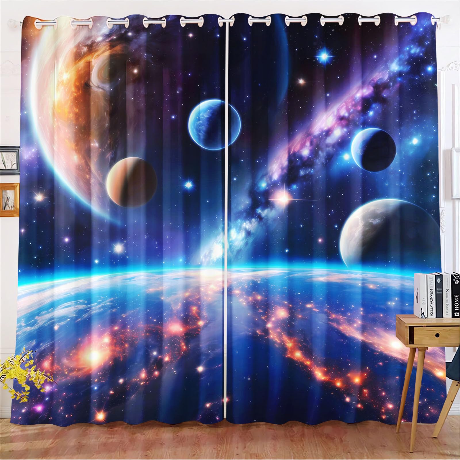 blickdichte Weltraum Vorhänge mit Ösen, Kinder 75x166 2 Stück | hautfreundlicher waschbarer Stoff mit bleichfestem Druck, Größe 150x166 cm