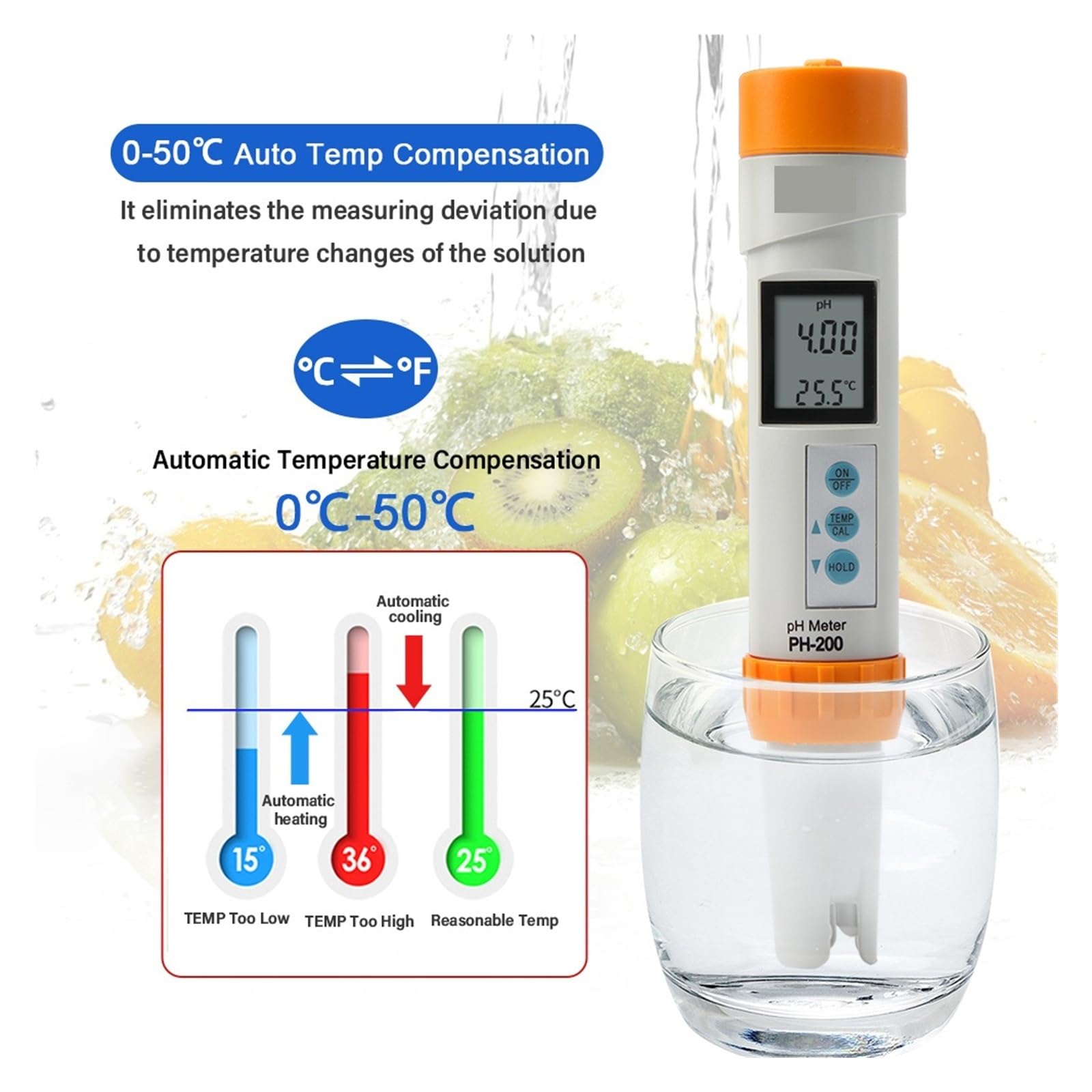 Probador de calidad del agua Medidor digital de TDS, EC, temperatura y pH, ±0,1, alta precisión, probador de calidad del agua, resistente al agua, for acuarios y piscinas.(Nero)