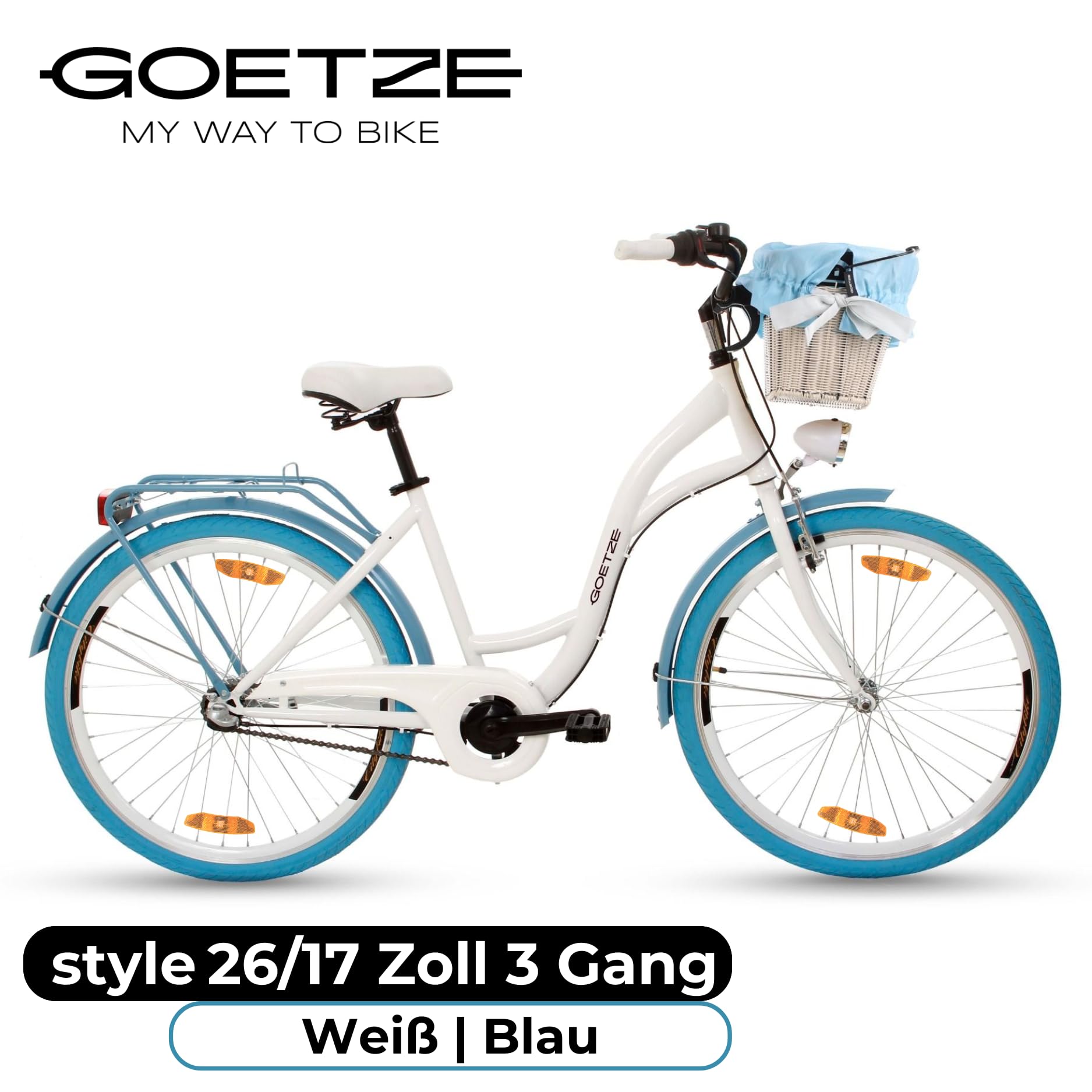Goetze Style 26 Zoll Citybike, 17 Zoll Tiefeinsteiger Rahmen, 3-Gang Nabenschaltung, Rücktrittbremse, V-Bremse vorne, LED-Beleuchtung, Rattankorb,
