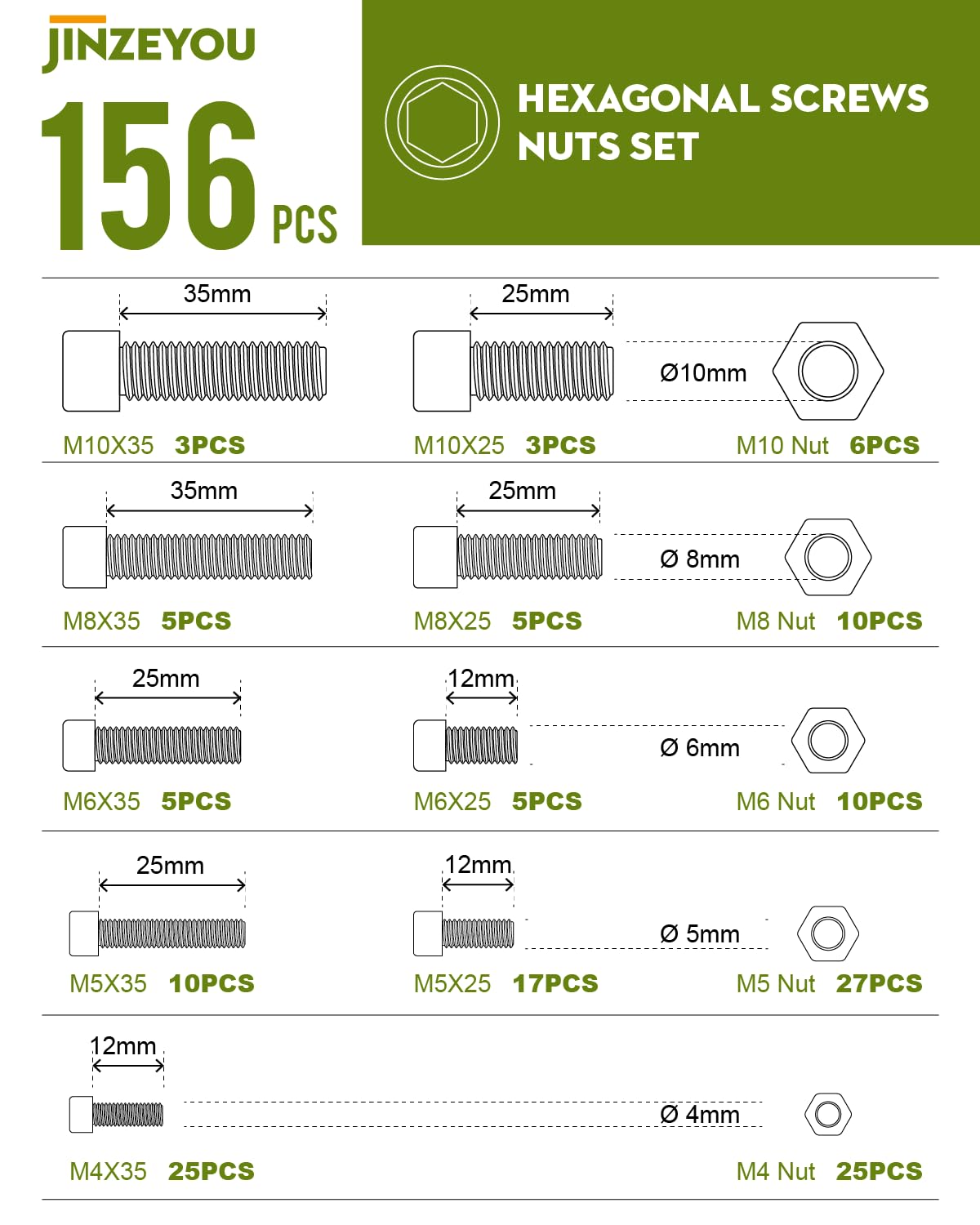 156 Pcs Assorted Nuts and Bolts Assortment, M4 M5 M6 M8 M10 Hex Socket Head Cap Screws Set - Image 2