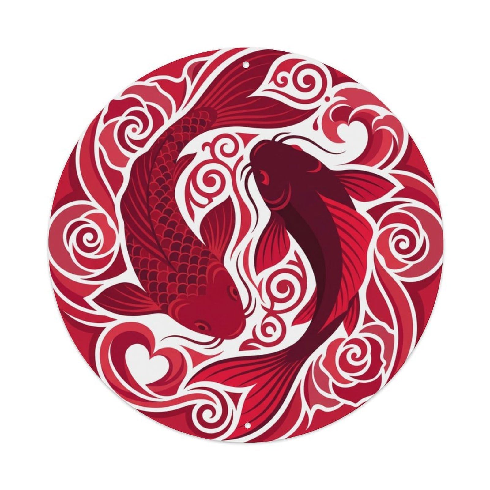 Metal Tin Sign Tai Chi Koi Fish Ruby Garnet Red