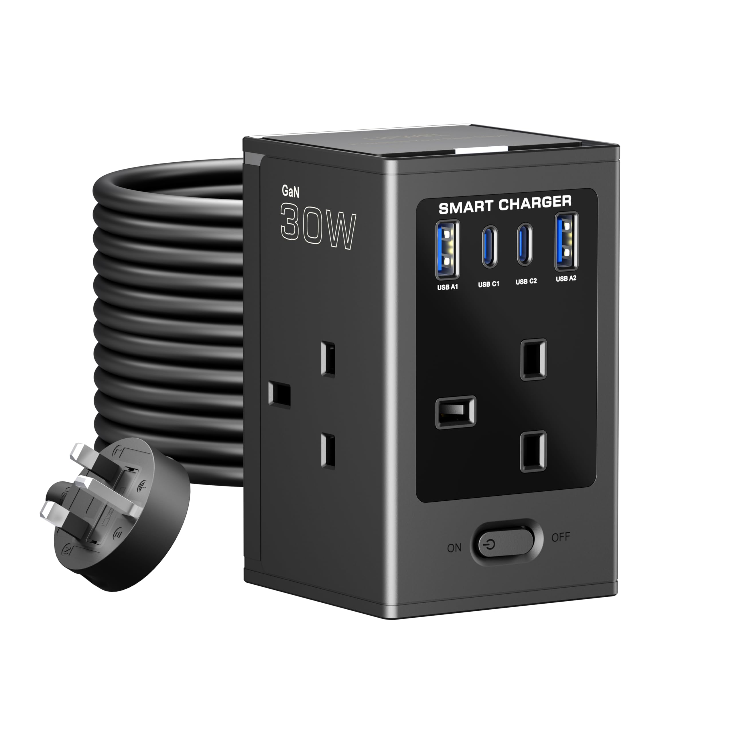 LIPWEL Extension Socket Fire-Resistant Power Strip Surge Protection 3250W Extension Plug 4 AC Outlets 4 USB Ports 30W Fast Charging Long Extension Lead 5M Simultaneous for 8 Devices