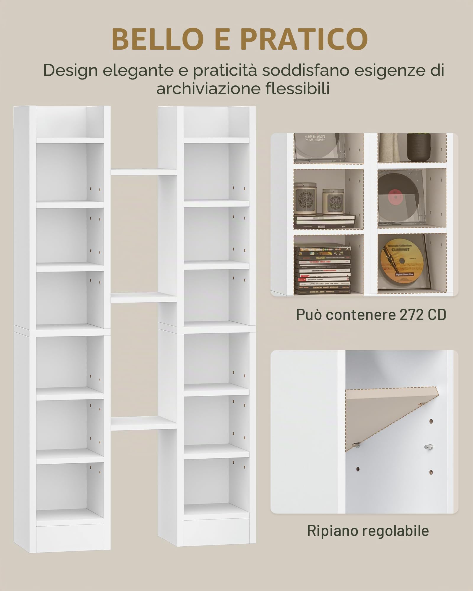 Hzuaneri Porta CD DVD a Colonna, 272 CD, 14 Ripiani Regolabili, Supporto di Archiviazione, 17 x 20 x 213 cm, Mobile Libreria Alto Salvaspazio per Soggiorno, Studio, Bianco CR21403XV1