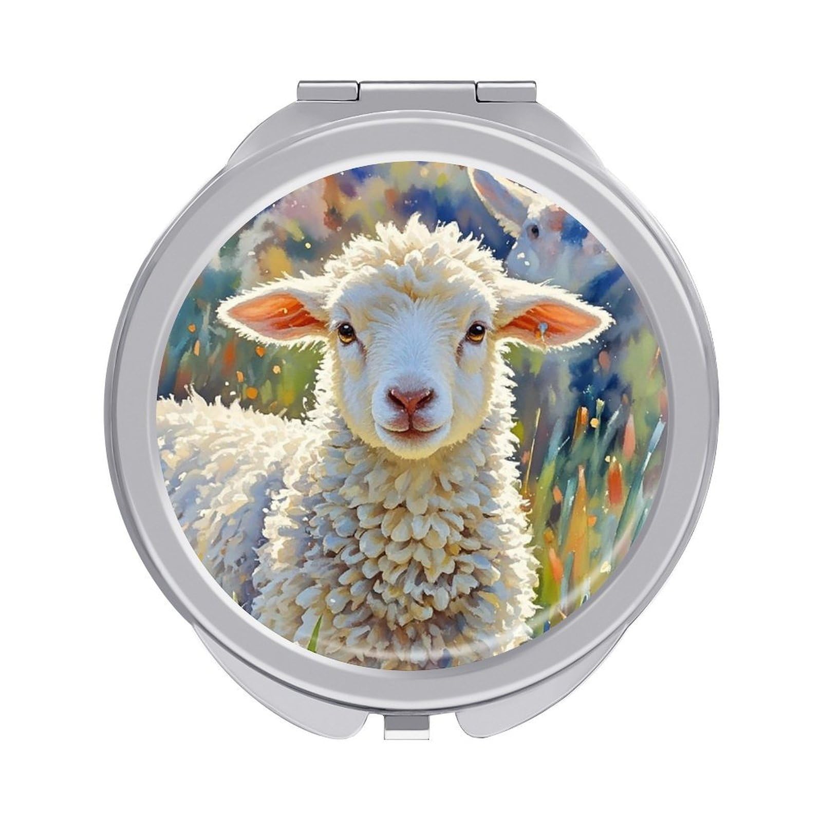 FekiLoot Color Sheep Travel Makeup Mirror for Women Folding Portable Hand Compact Mirrors Small Round Vanity Mirror 1X/2X Magnifying Metal Pocket Makeup Mirrors