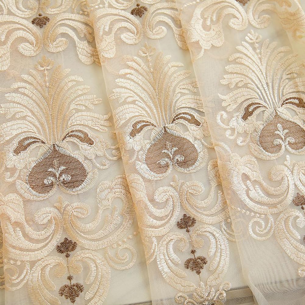 Beige Vorhang Wohnzimmer Schlafzimmer Transparent Ösen 3D Barock Vintage | Luxus Ösenvorhang Gardinen Halbtransparent Ösenschal Dekoschal Gardinenschal 2er-Pack 140x245