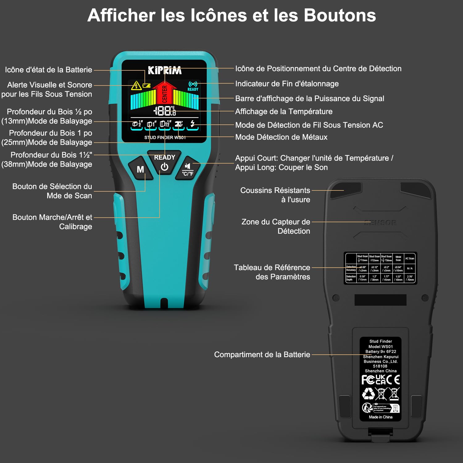 Détecteur de Montants Kiprim avec Écran LCD, Détecteur Électronique 5 en 1 pour Bois, Métal, Détection de Fils sous Tension, 3 Modes de Profondeur, Alerte Sonore, Scanneur Mural WS01
