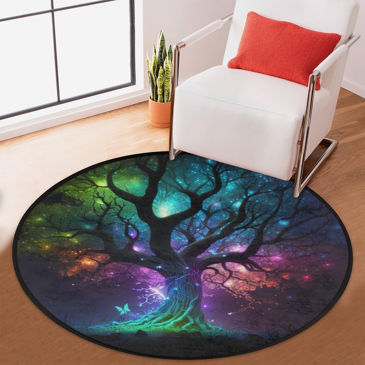 Round Rug 5ft Tree of Life Universe Indoor Circle Area Circle Rugs Washable Non-Slip Bedside Indoor Doormat for Living Room Bedroom Playroom Nursery Room Decor Carpet Mat Splat Mat for High Chair