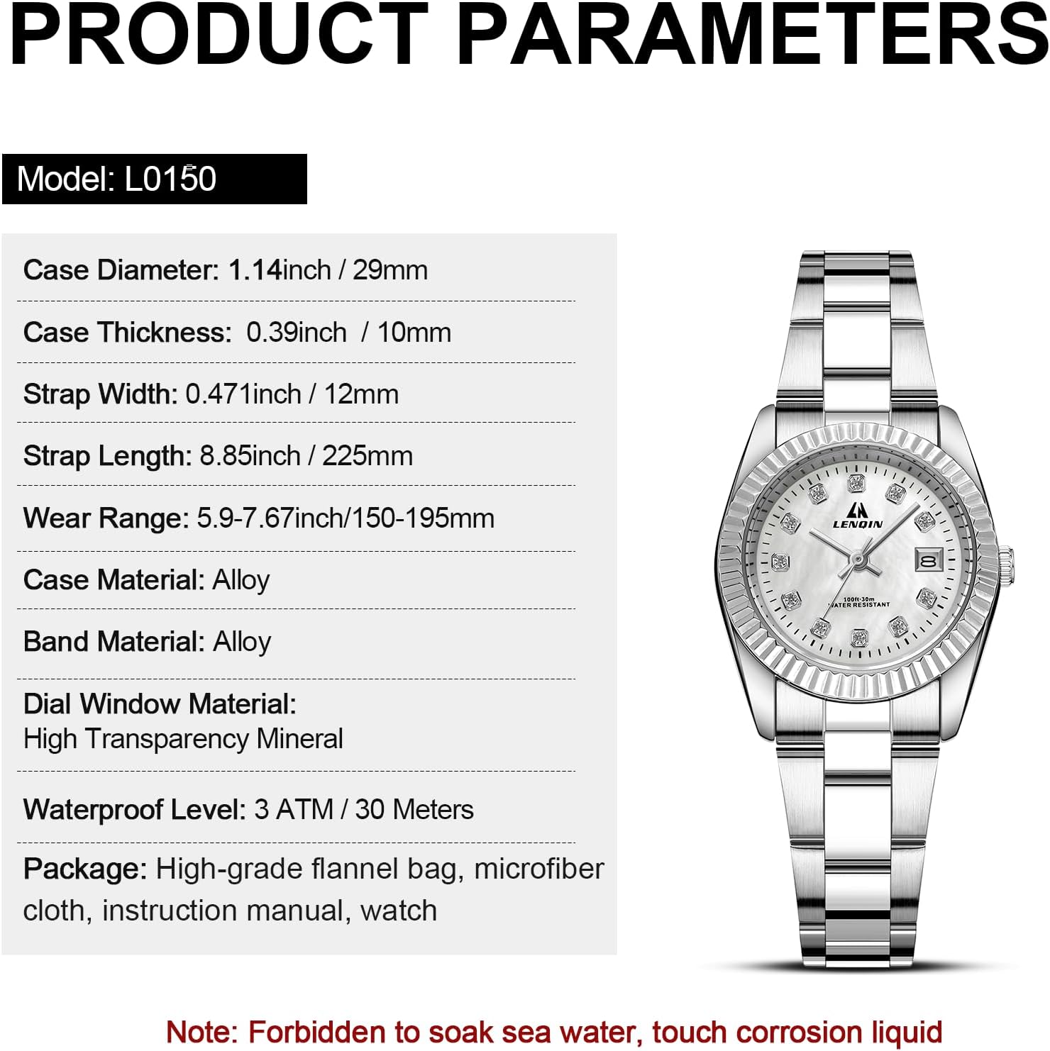 LN LNQIN Womens Watch Analog Quartz Waterproof Ladies Watches for Women with Stainless Steel Band Luminous Easy Reader Dial LN-L0150-Silver White image 8 of 14 B0DQL9H23G