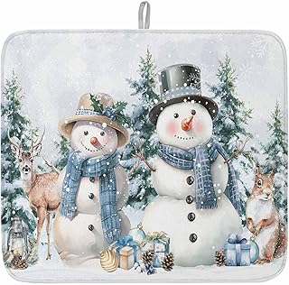 Christmas Snowman Dish Drying Mat for Kitchen Counter Xmas Eucalyptus Botanical Trees Baby Microfiber Drying Pad, Absorbent Coffee Cup Dishes Drainer Mats 18"x24", 1 Pcs