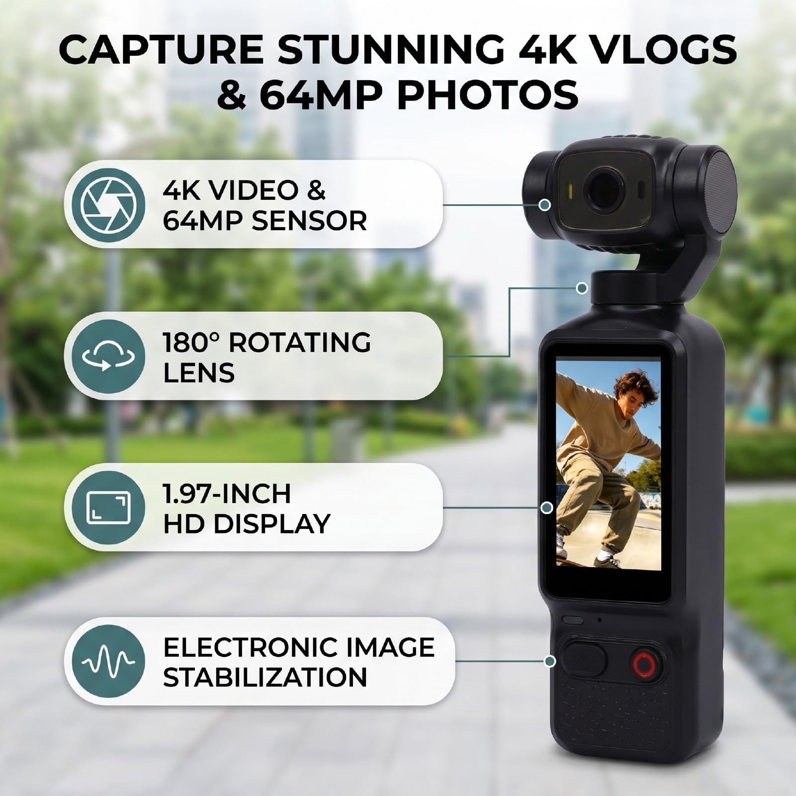 Videocamera Sportiva 4K, Fotocamera 64MP | Fotocamera Vlog con Obiettivo Girevole a 180°, Luce Integrata per Video