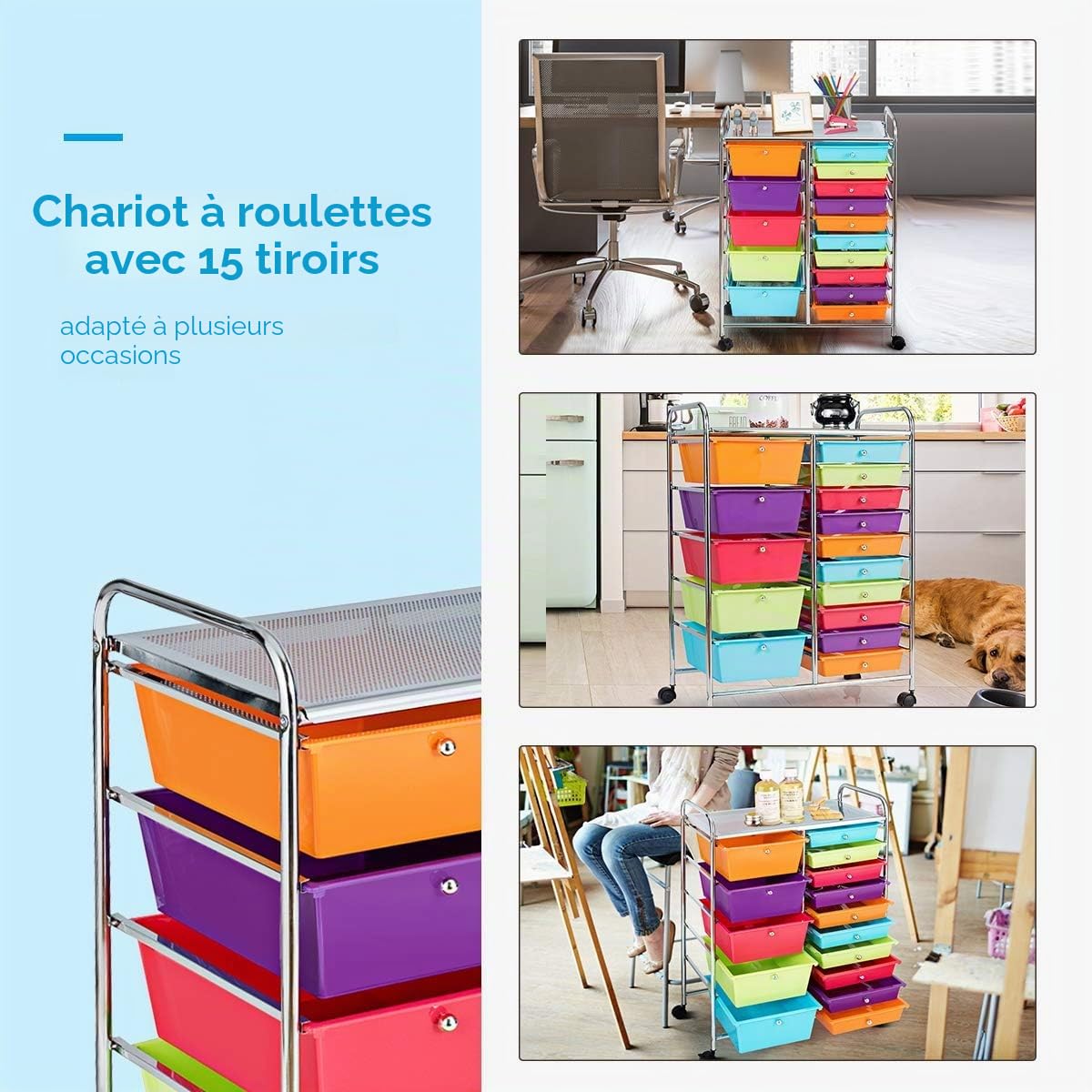 FANTASK Chariot à roulettes avec 15 tiroirs empilables, chariot de rangement pour bureau, salon, 62,5 x 37 x 87 cm