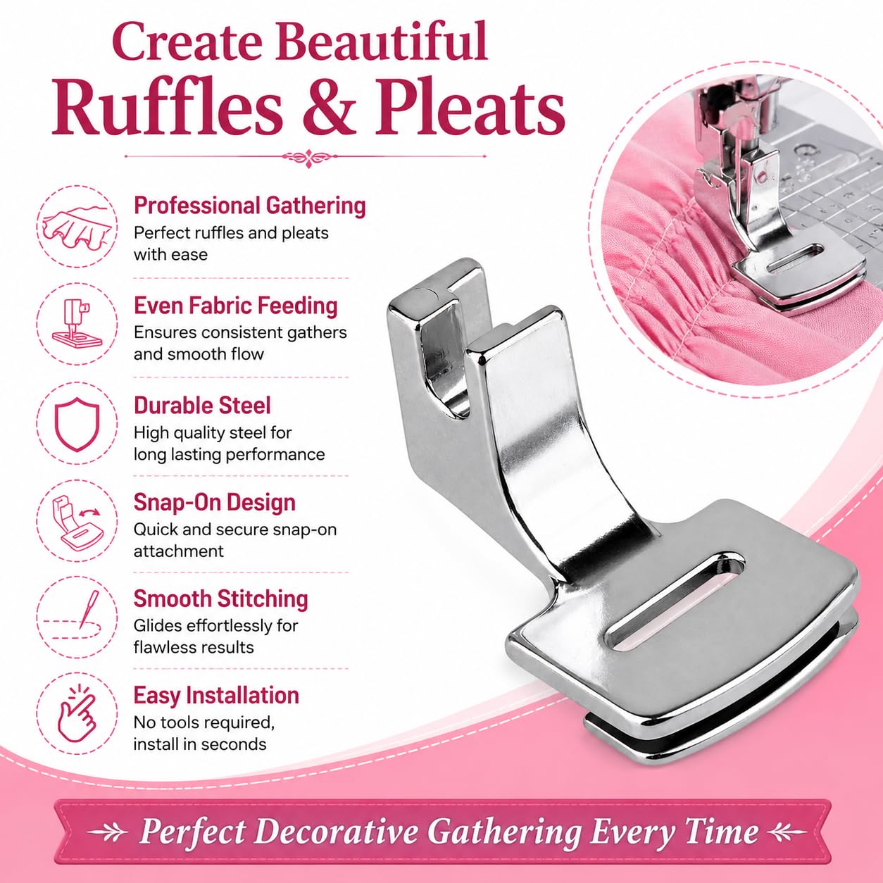 Zenith Gathering Presser Foot - Snap-On for Low Shank Machines | Fits Usha, Janome, Brother & Singer | Creates Ruffles & Pleats | Durable Steel for Smooth & Efficient Sewing — Amazon image 2