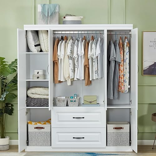 Miniatura 3 de Armario de 4 puertas, armario de madera con 2 cajones, gabinete de almacenamiento para gran capacidad, armarios blancos para dormitorio con barra