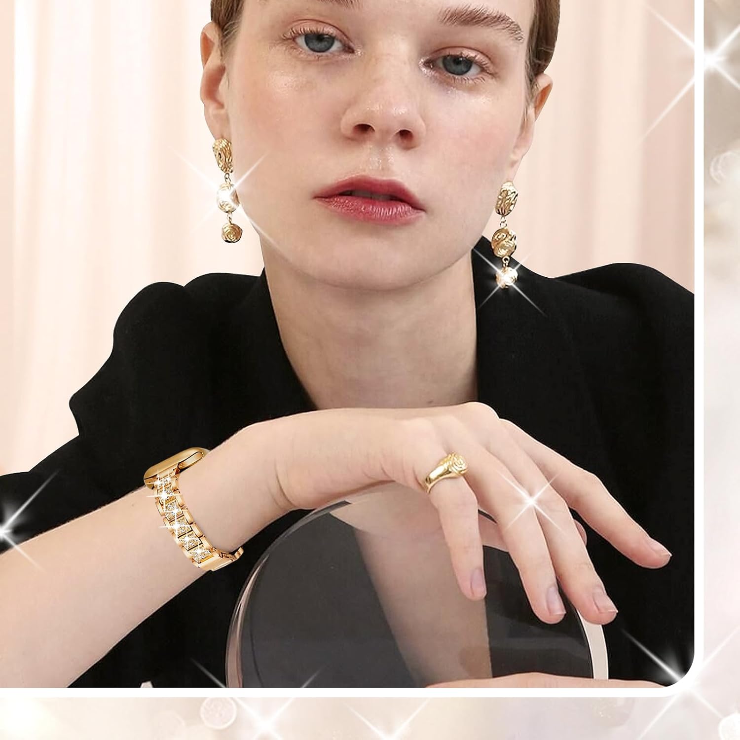 Slim Rose Gold Bling Band for Women Compatible with Apple Watch 38mm 40mm 41mm 42mm (S10/11) Jewelry Replacement Sparkly Diamond Metal Thin Strap for iWatch Series 11/10/9/8/7/6/5/4/3/2/1/SE - Image 2