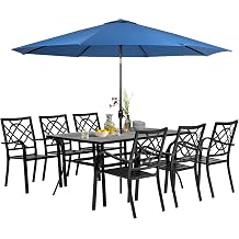 7 Pieces Patio Metal Furniture Outdoor Dining Set with 6 Stackable Bistro Chairs, 60 x 37 Rectangle Table and 10Ft Dark Blue Umbrella