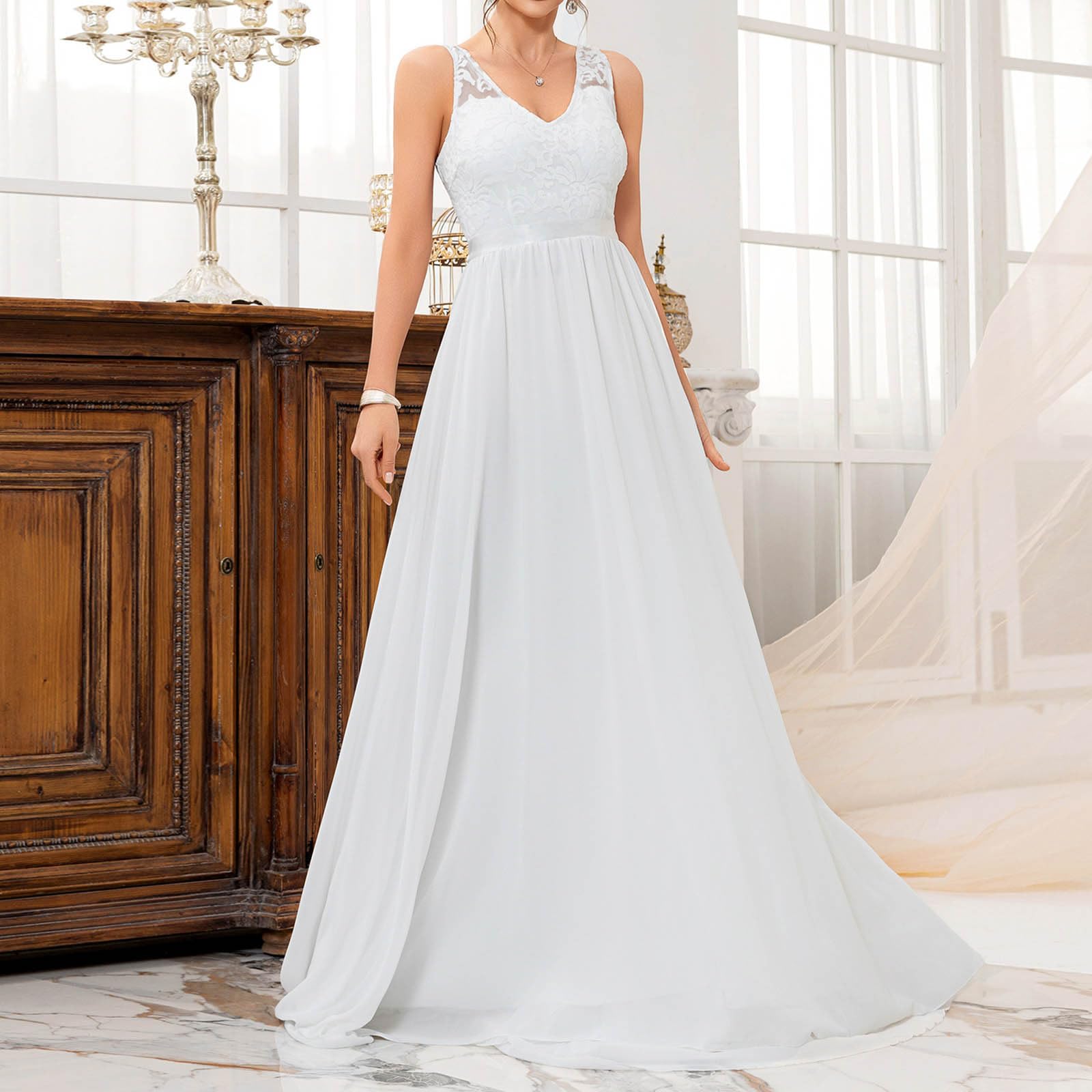 Masrin Robe de mariée blanche pour femme - Robe de mariée pour la photographie - Broderie florale - Robe en mousseline de soie - Col en V - Sans manches - Robe de soirée pour mariage - Robe de remise
