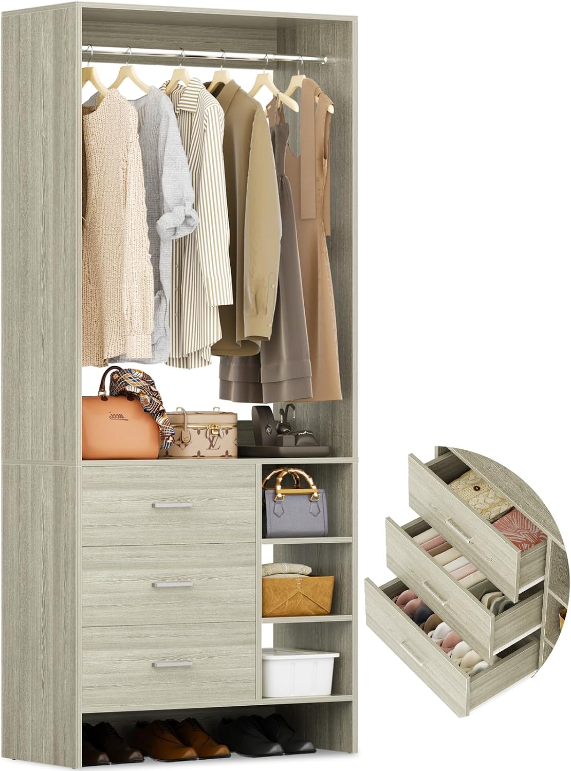 Aheaplus 2.5FT Closet System with 3 Drawers and Shelves, 29.6’’ Closet Organizer, Wood Closet Organizer System, Walk-in Closet Closets Wardrobe, Clothes Rack with Hanging Rod, -W2, White Oak