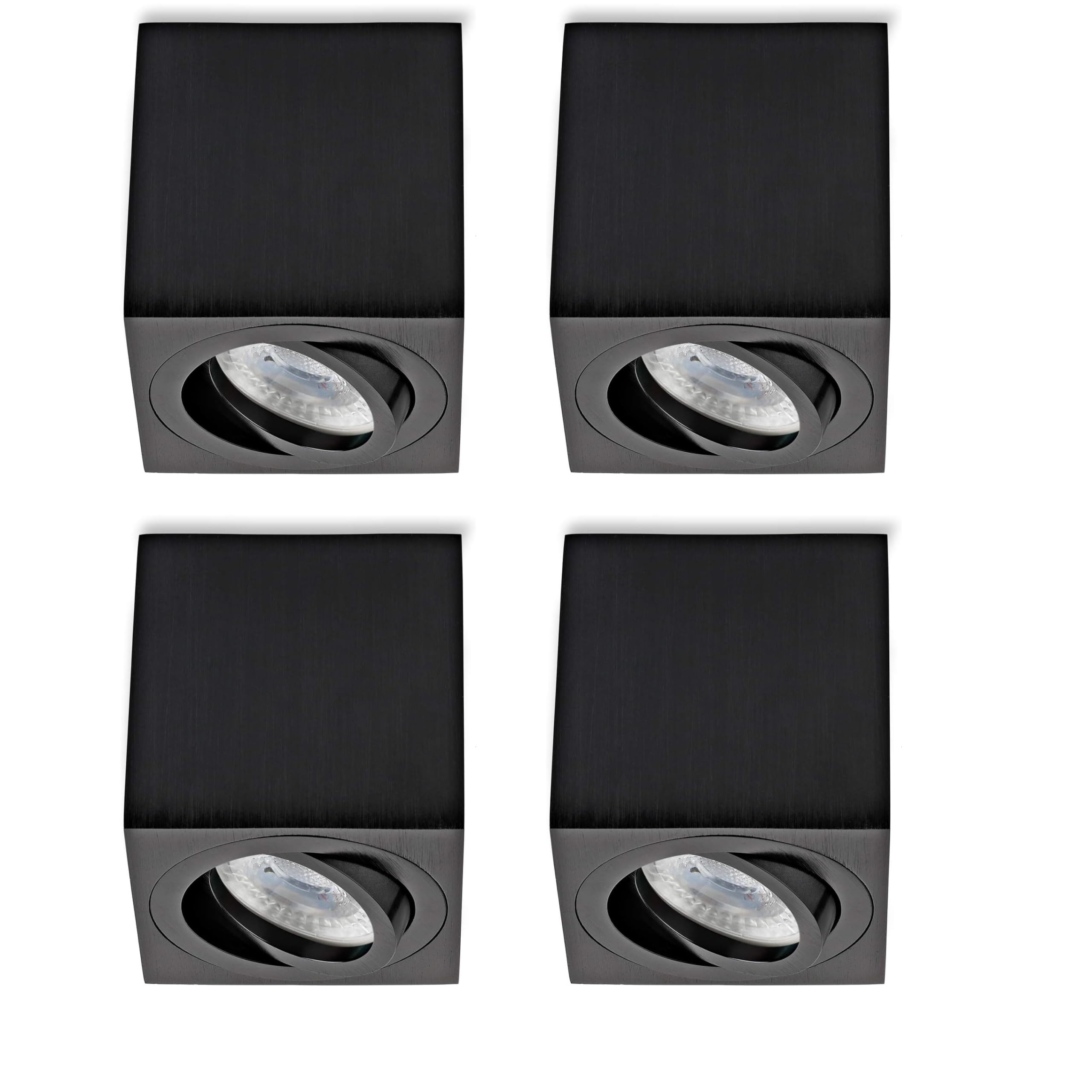 Sweet Led Aufbauspot GU10 eckig 4er Set – Spots Deckenleuchte schwenkbar schwarz gebürstet, Aufbaustrahler inkl. LED 7W 3000K warmweiß, Deckenspots Aufputz aus Aluminium 230V
