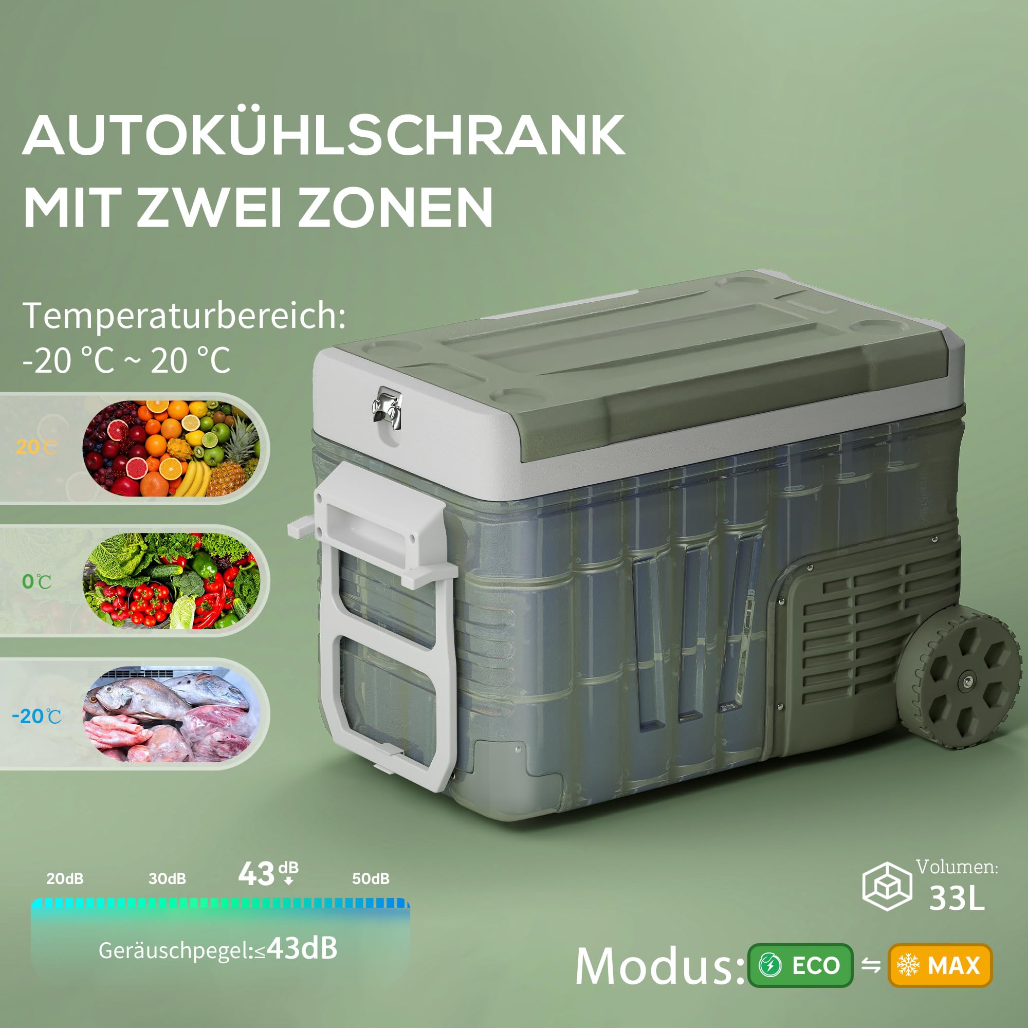 Outsunny 33 Liter Kompressor Kühlbox Leiser Elektrisch bis -20℃ Rolle Grün | Mini Kühlschrank, Kühlbox mit LED, Kühlfunktion, Gefrierbox, Thermobox, 12/230 Volt, für Auto LKW Camping Boot Reisen