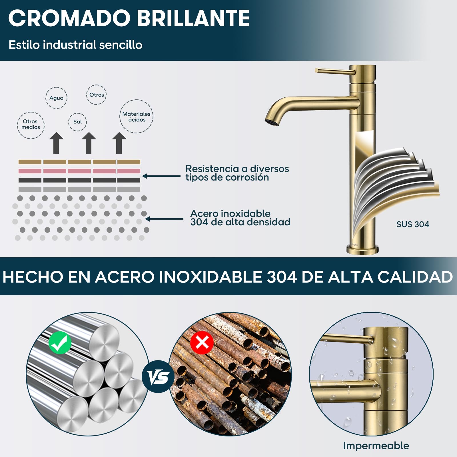 Grifo Lavabo Alto Giratorio 360°, DETBOM Grifo Monomando Agua Fría y Caliente, Grifos Dorado para Lavabo de Encimera, Mezclador de Baño, Acero Inoxidable 304, Aireador Extraíble, Oro Cepillado
