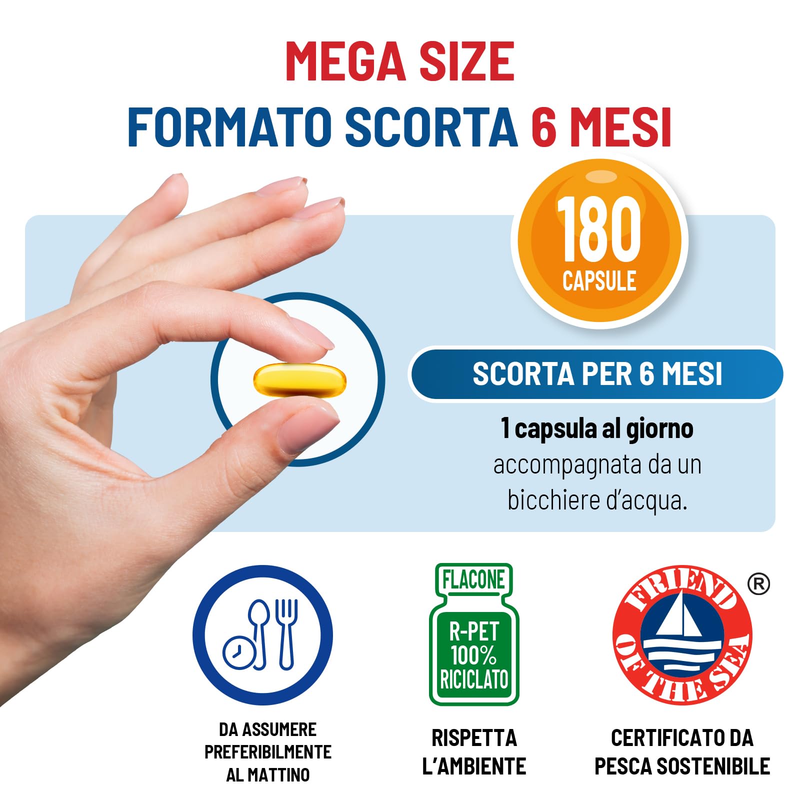 Equilibra Omega 3, Olio di Pesce 2000mg, EPA 582mg e DHA 388mg per Dose max, Scorta 6 mesi, 180 capsule, Normale Funzione Cardiaca, Funzionalità Cerebrale e Capacità Visiva, Senza Glutine e Lattosio