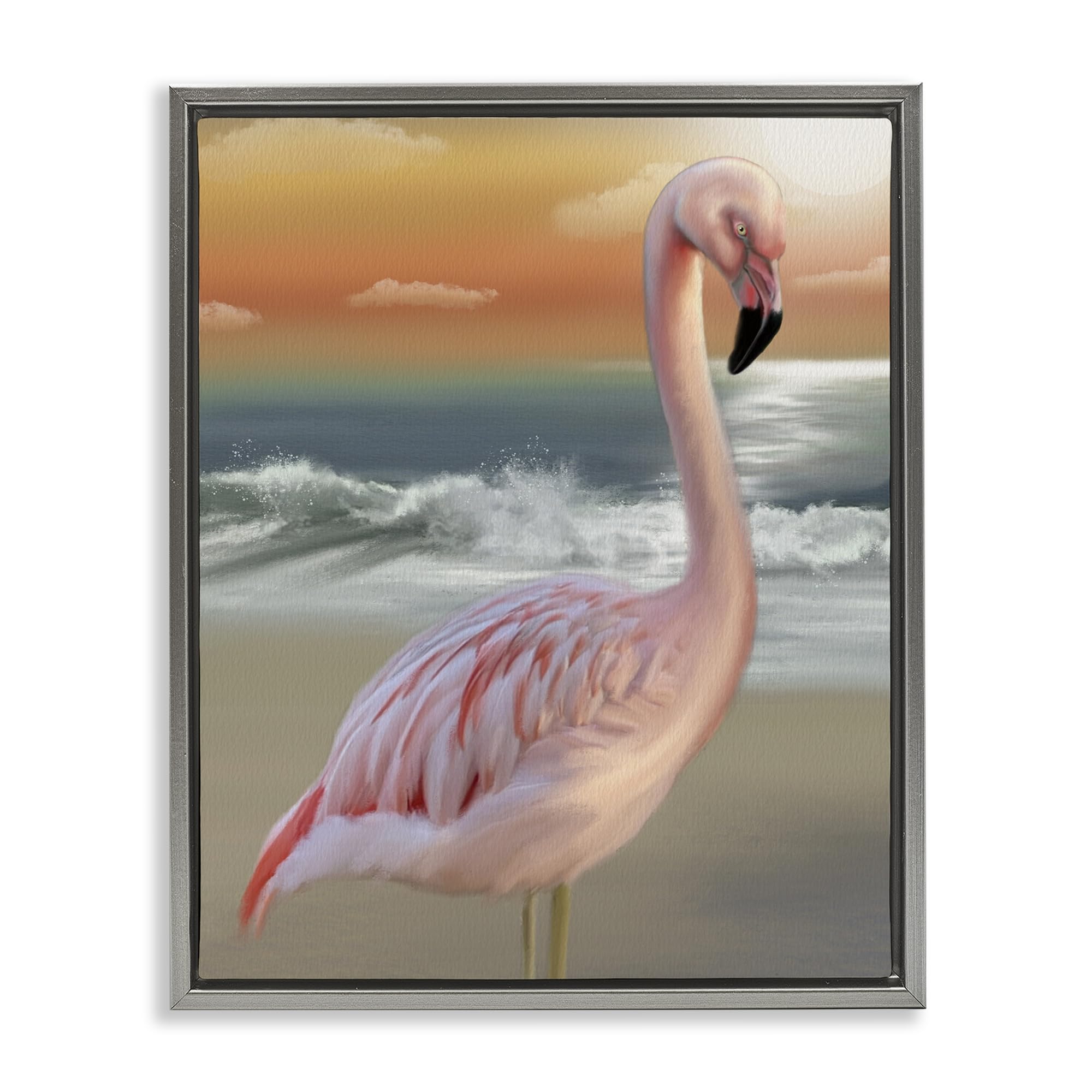 Stupell Industries Flamingo Sunset Ocean Reflection 'Coastal Beach Flamingo', Floating Frame Canvas Art, Gray, 25 X 31 Inches, Easy To Hang And Sturdy, Made In Usa, By Matthew Piotrowicz