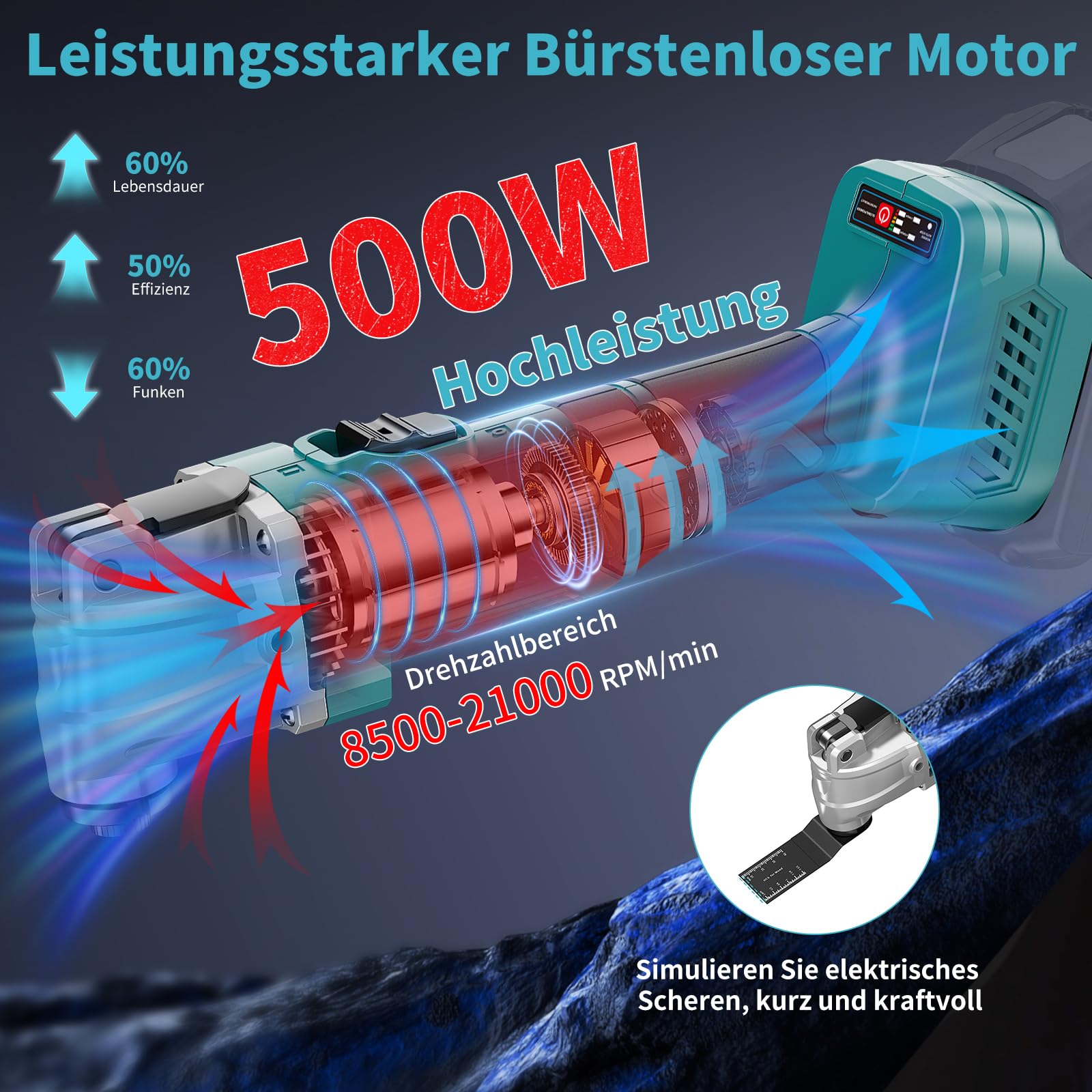 Batería multifunción compatible con batería Makita de 18 V, herramienta oscilante de 6 marchas con 16 accesorios, sierra oscilante con motor sin escobillas, soporte de herramientas (sin batería)