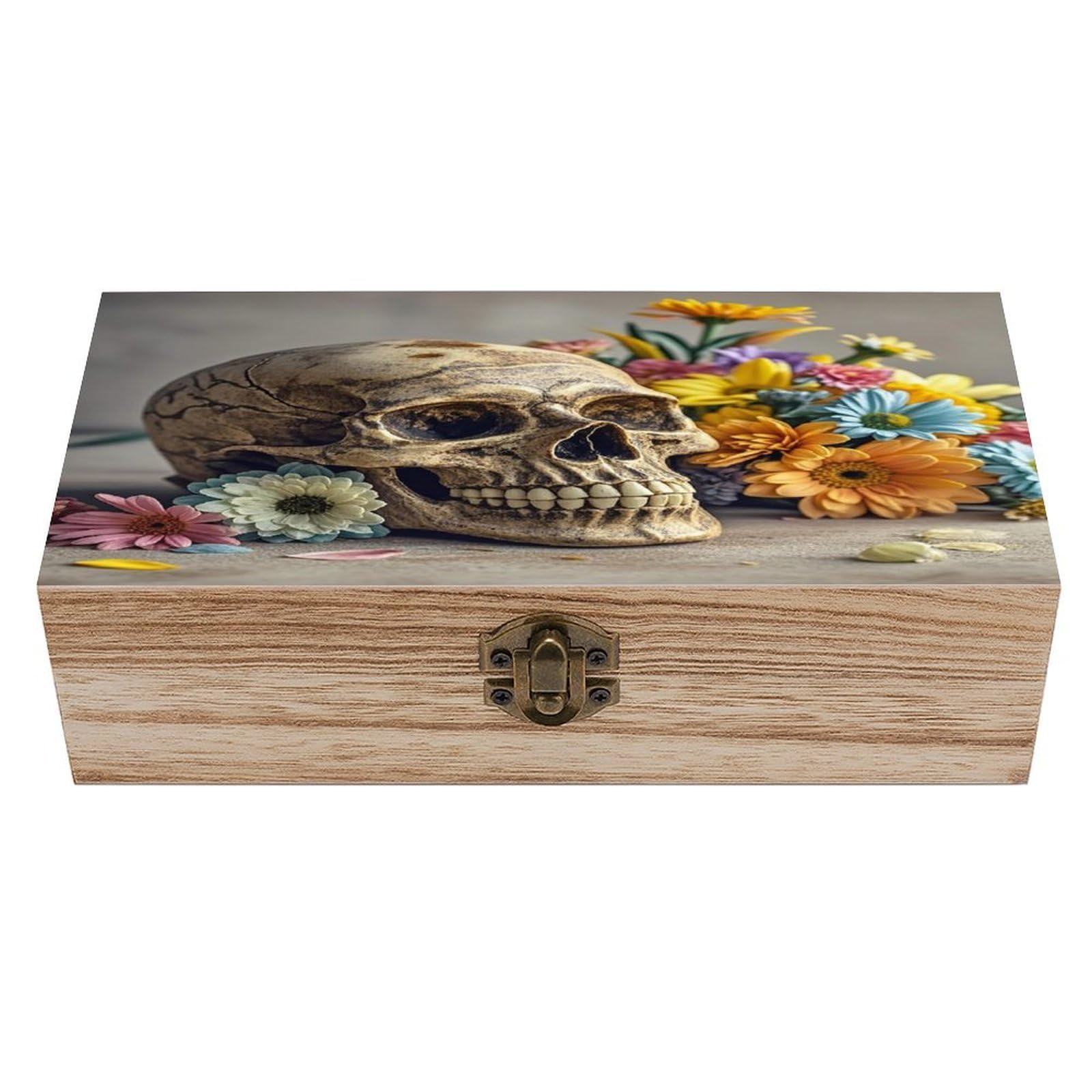 LZQPOEAS Ancient Skull And Flowers Wooden Box Storage Space to Organize Jewelry in A Beautiful Small Storage Box Decorative Card Boxes Memory Treasure Boxes for Crafts And Photo Storage