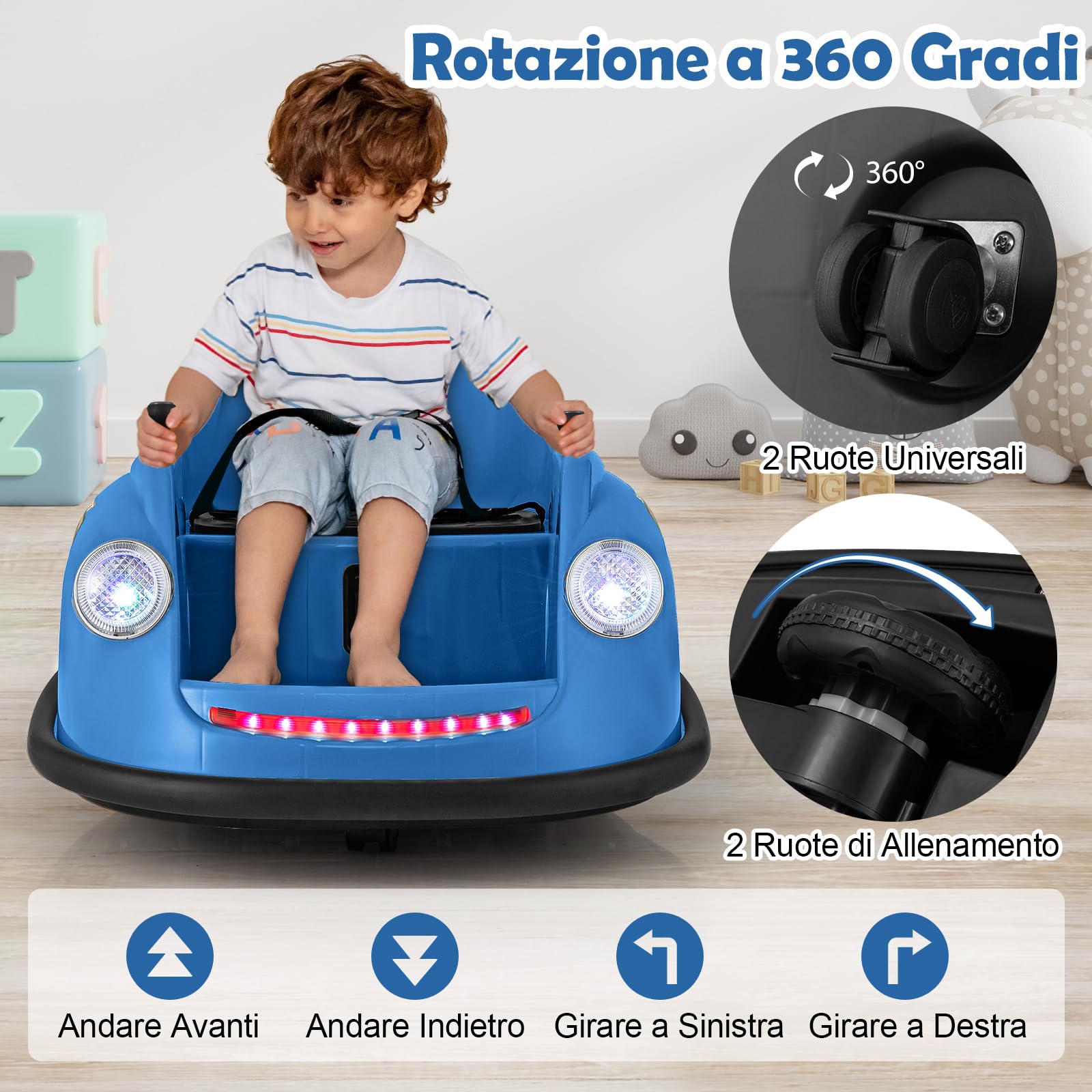 COSTWAY 12V Auto Elettrica per Bambini con Telecomando, Autoscontro Elettrico con Luci LED Musica e Rotazione a 360°, Macchina Cavalcabile per Bambini 2-5 Anni (Blu)
