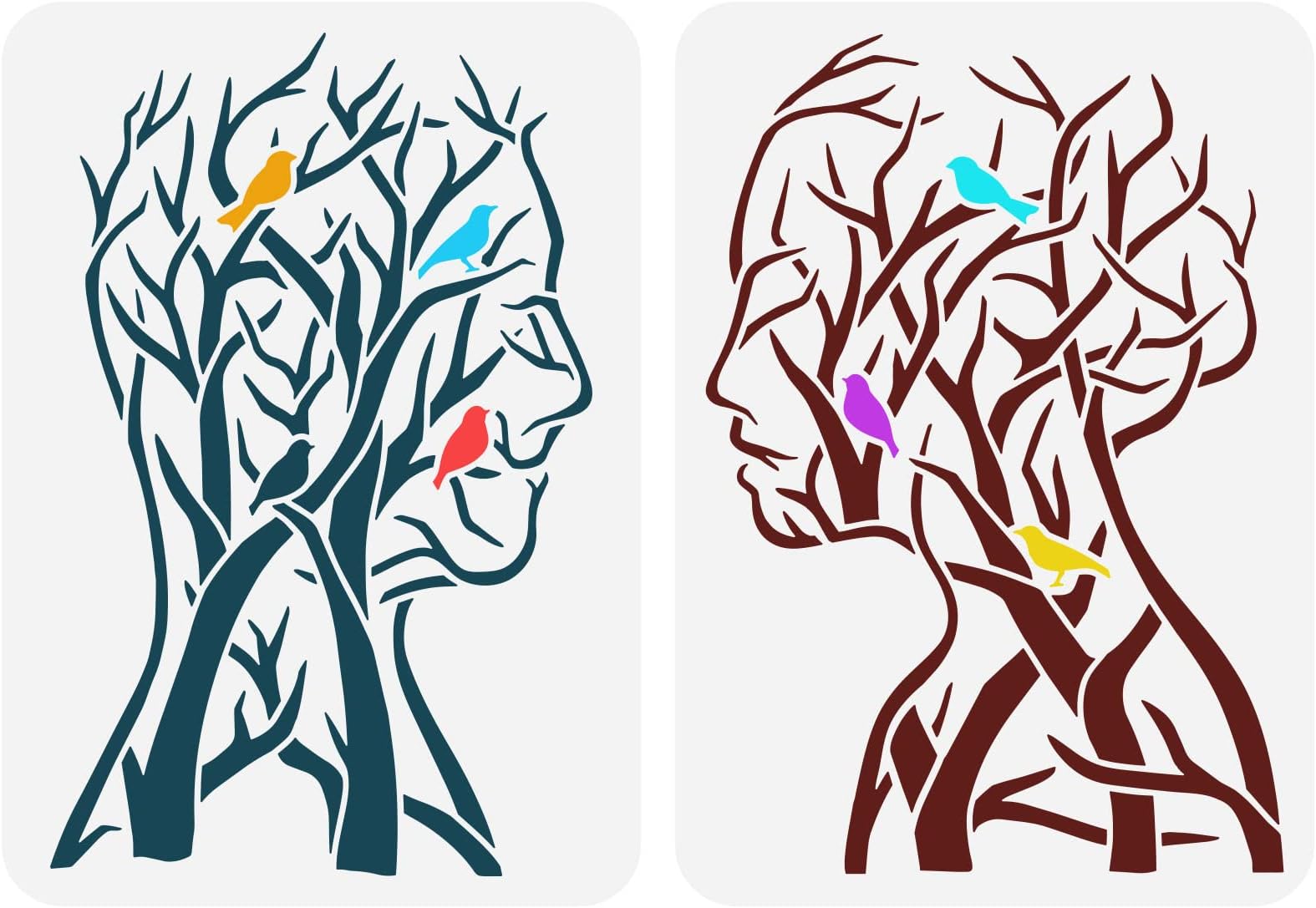 FINGERINSPIRE 2PCS Tree of Life Stencil 11.7x8.3 inch Man Woman Painting Stencil Branch Bird Craft Stencils Human Shape Tree Stencil Template for Painting on Wood Wall Fabric Home Decor