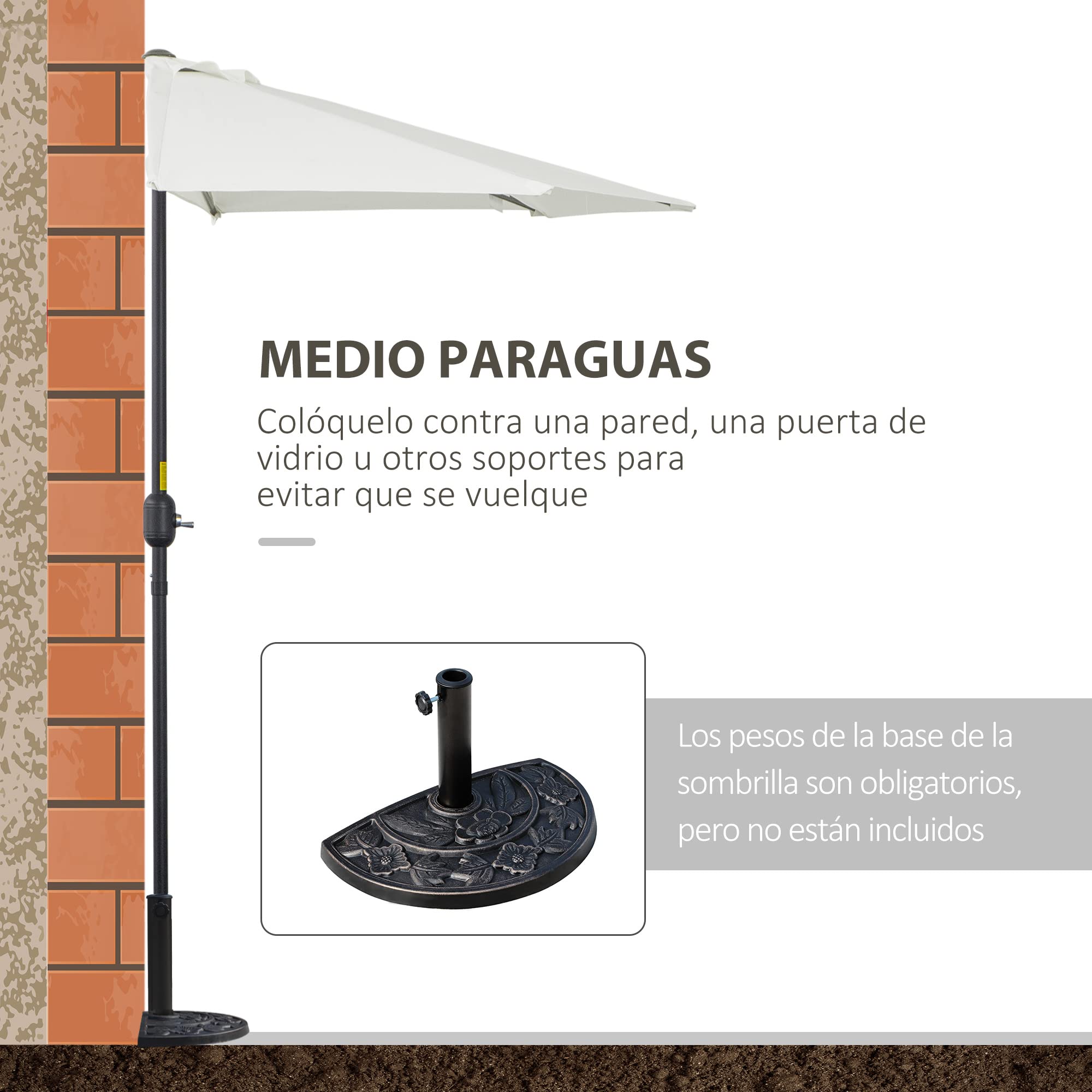 Outsunny Sombrilla 269x138x236 cm Parasol de Jardín con Manivela y Forma Semicircular Tela Poliéster 180 g/m² para Exterior Terraza Patio Piscina Crema