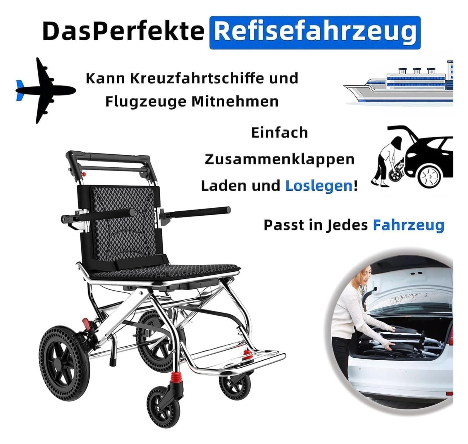 Sedia a rotelle da Viaggio，Sedie Pieghevoli， Sedia a rotelle Pieghevole in Alluminio Leggero con braccioli reversibili Rollator Pieghevole e Leggero