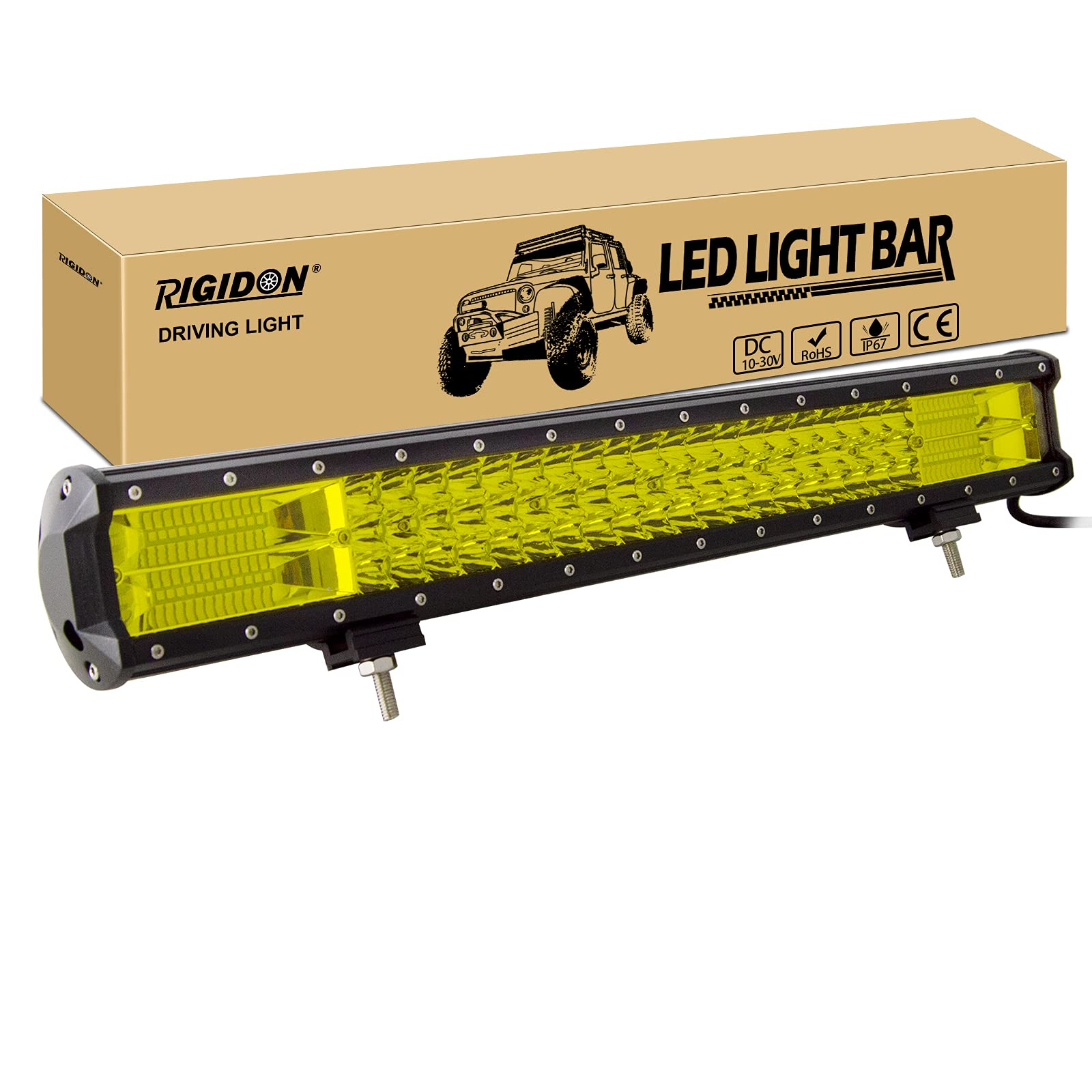 RIGIDON Lampa przeciwmgielna do jazdy, 12 V 24 V 23 cale 324 W LED światło robocze bar 7D trójrzędowe światła reflektory do samochodów terenowych ciężarówek SUV UTE ATV 4 x 4, reflektory przeciwpowodziowe Combo Beam, wodoodporne, 3000 K żółty kolor