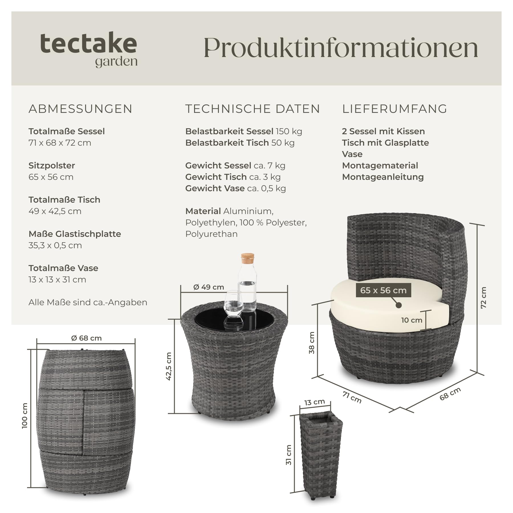 tectake® Rattan Set 2 Personen, Balkonmöbel, Aluminium Gartenmöbel Set, Outdoor Sitzgruppe mit 2X Stuhl, 1 Beistelltisch rund, 1 Vase, platzsparend zusammenschiebbar, mit Polster und Kissen - grau