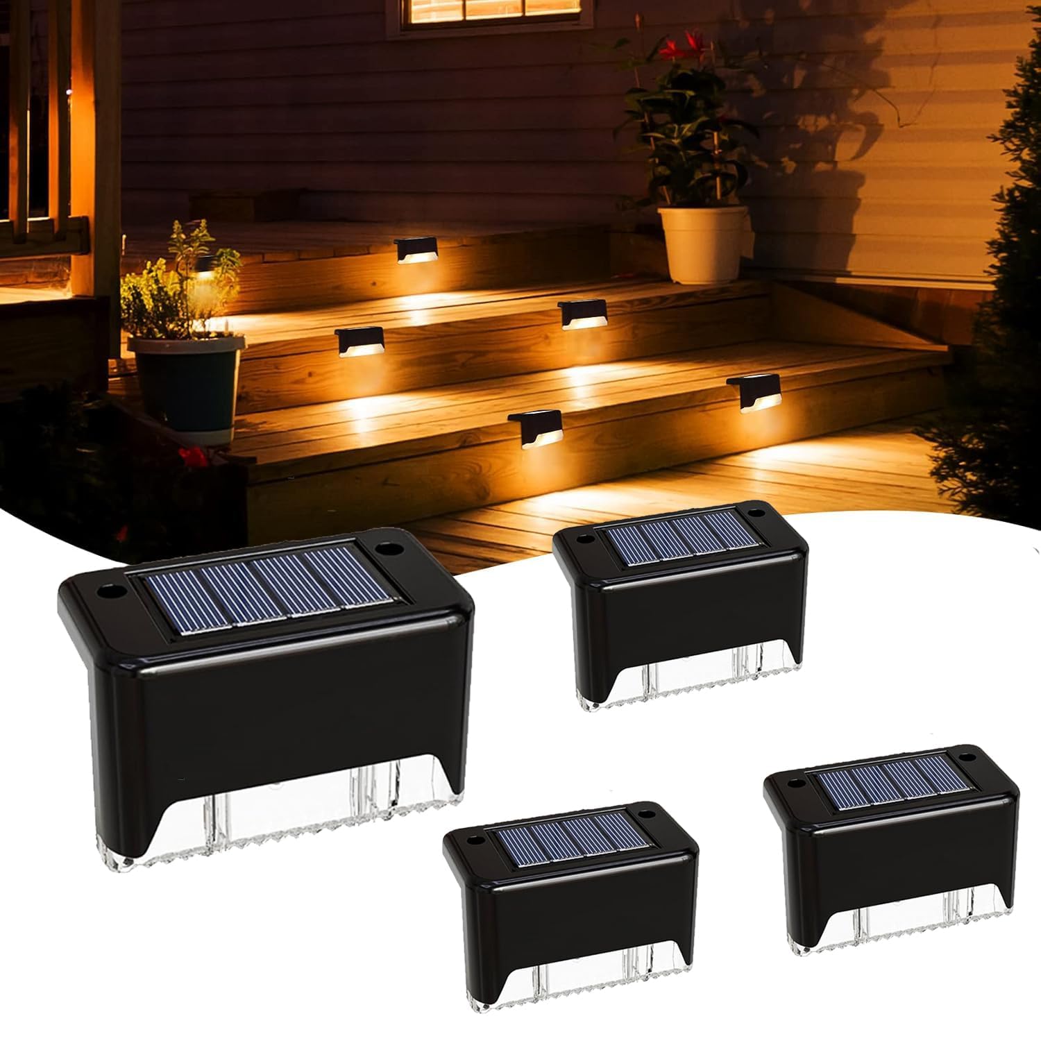 solar light outdoor garden waterproof led stair deck light, home pool patio fence gate yard floor step railing window balcony sunlight pathway light, solar decors set, warm yellow (set of 4)