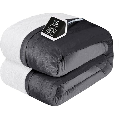 Westinghouse Heated Blanket Full Size, Soft Flannel to Sherpa Electric Blanket with 10 Heating Levels, 1-12 Hours Auto Shut Off, Fast Heating Warming Blanket, Machine Washable, 72x84 Inch, Charcoal