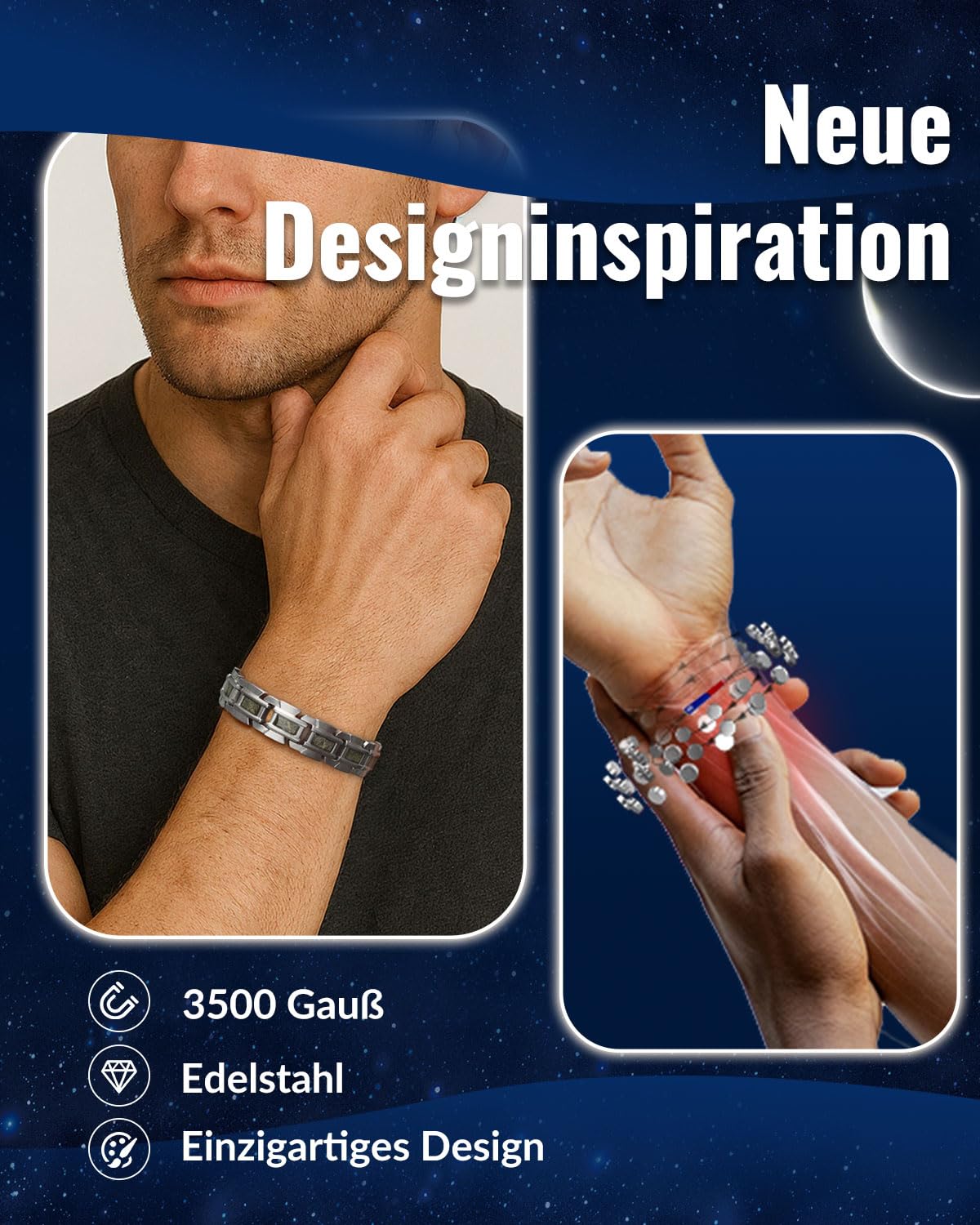 RainSo Herren Magnetarmband,Scorpion Clamp Dreireihiges magnetisches Edelstahlarmband,Wird mit kostenlosem Werkzeug zum Entfernen von Gliedern und einer Schmuckgeschenkbox (Silber und Champagner)