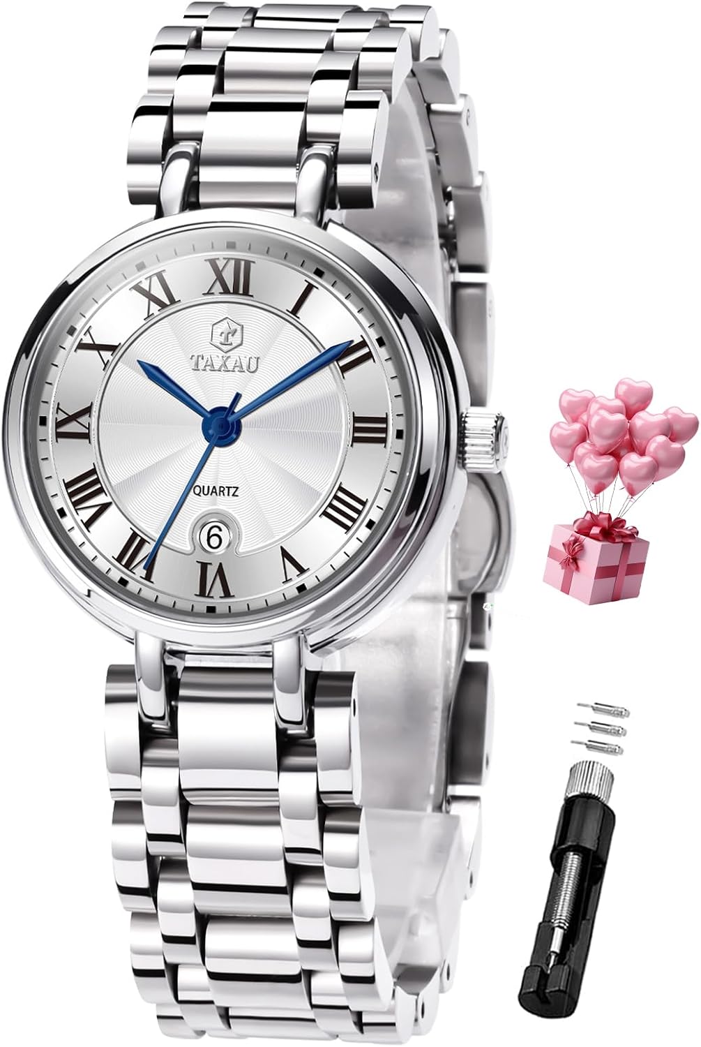 Taxau Womens Watches Dress Waterproof Luxury Stainless Steel Analog Quartz Watches Small Wrist Watch Two Tone Fashion Elegant Lady Watch with Day Date