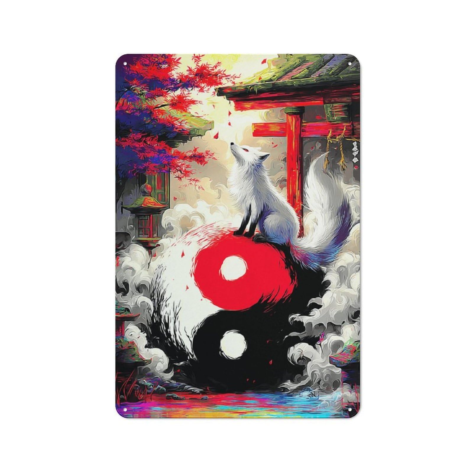 Junmoney Fox Spirit In Yin-Yang Harmony Modern Retro Metal Wall Decor 30X20cm, Metal Wall Sign For Loft, Studio, Office Or Creative Room