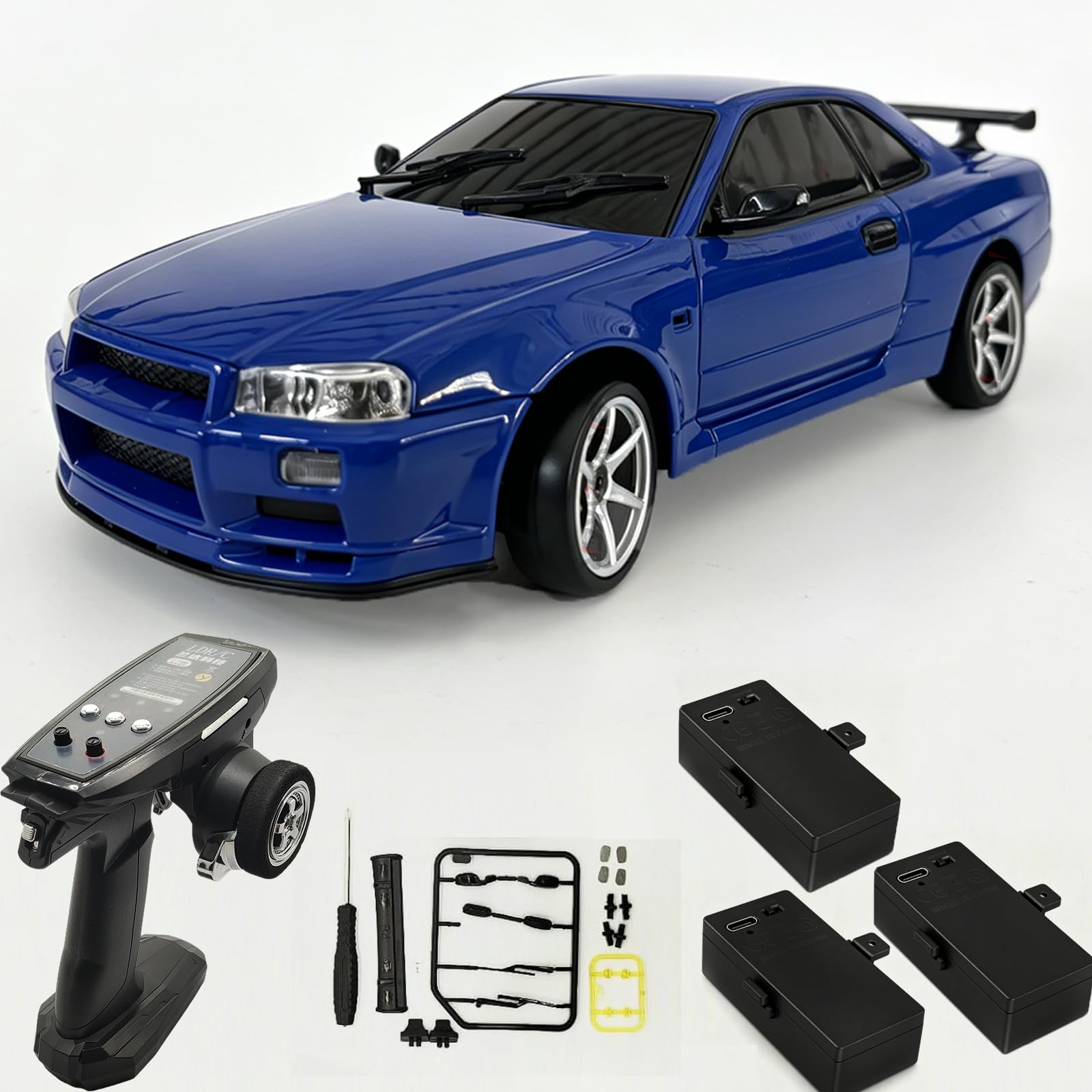 1/18 RC Drift Car with 3 Batteries Gyro LDRC LD1899 GTR R34 2.4GHz RWD Drifting Drift Cars for Adults with Alloy Car Shell(Blue) Gtr R34 Blue With 3 Batteries