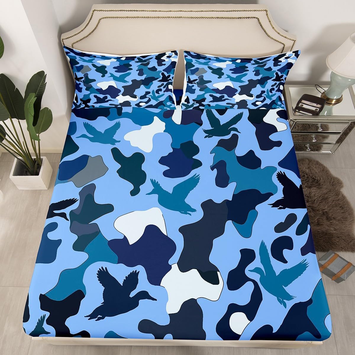 Erosebridal Camo Flat Fitted Sheet King Size Duck Hunter Sheet Set for Kids Boys Men Army Camouflage Hunting Sheets Vintage Blue Black Room Decor Wild Animal Duck Rustic Bed Sheets Set