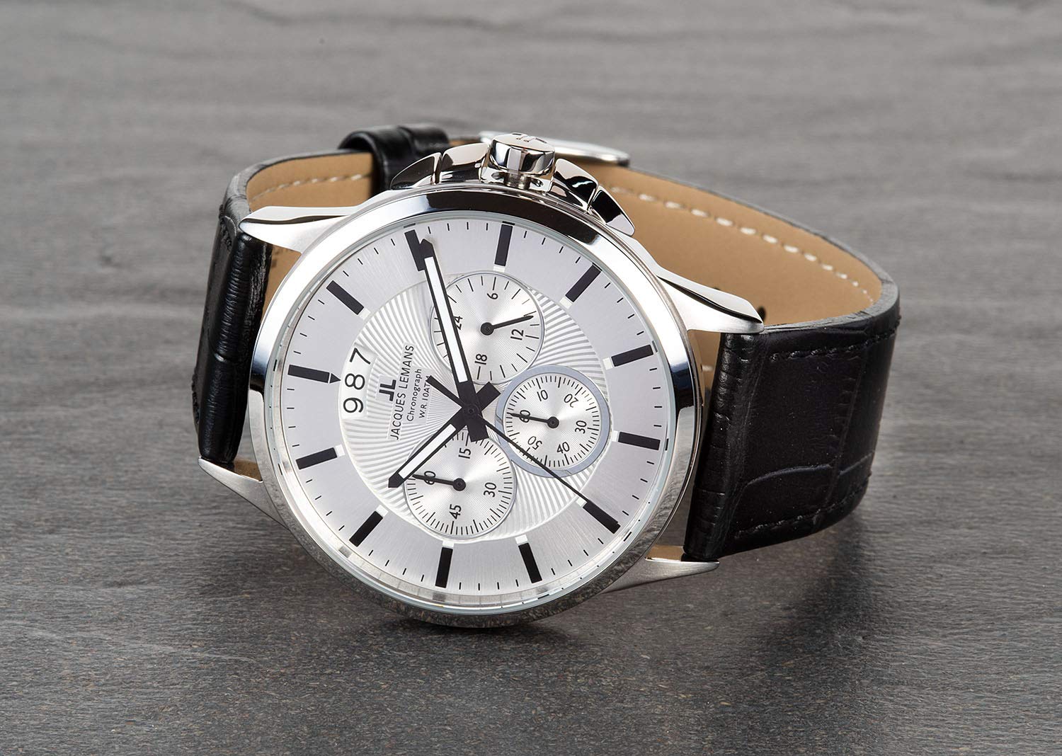 JACQUES LEMANS Herrenuhr Sydney Lederarmband massiv Edelstahl Chronograph 1-1542N