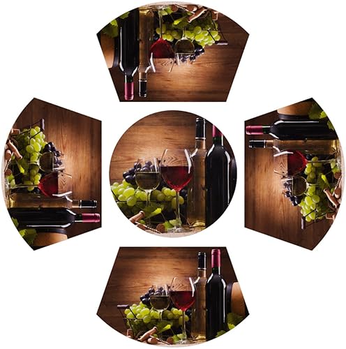Juego de 4 manteles individuales de PVC para mesa redonda con tapete redondo para centro de mesa, manteles de cuña de madera de vino tinto y uva,