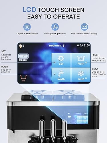 Miniatura 6 de Máquina de helado comercial de 5.8-7.9 galonesh, 3 sabores suaves con tolva de 14 L, máquina de helado de limpieza automática con panel LCD táctil