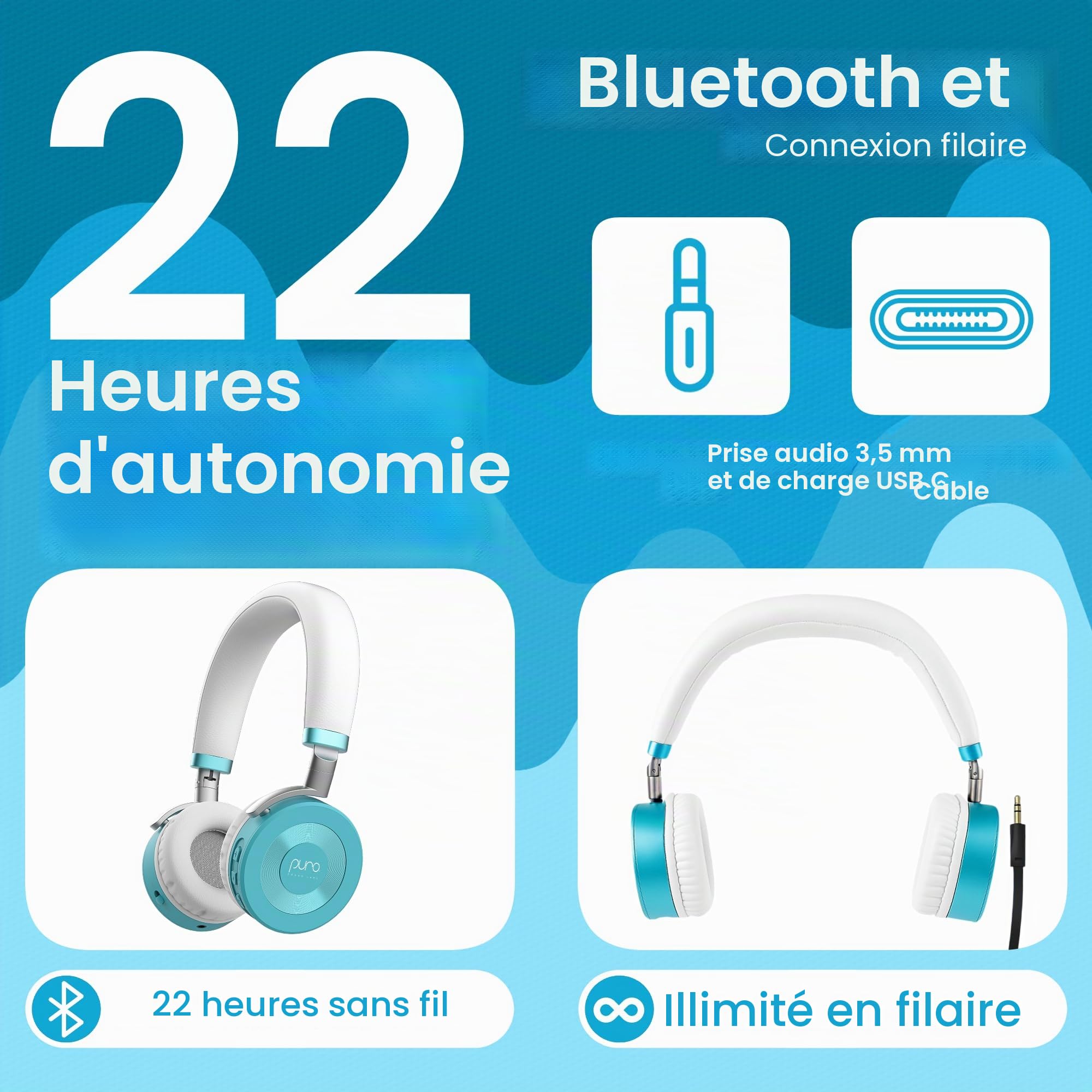 Puro Sound Labs Casque JuniorJam Plus avec limitation de Volume pour Enfants, Limite de 85 DB, Casque Bluetooth réglable pour tablettes, Smartphones, Ordinateurs - 22 Heures d'autonomie