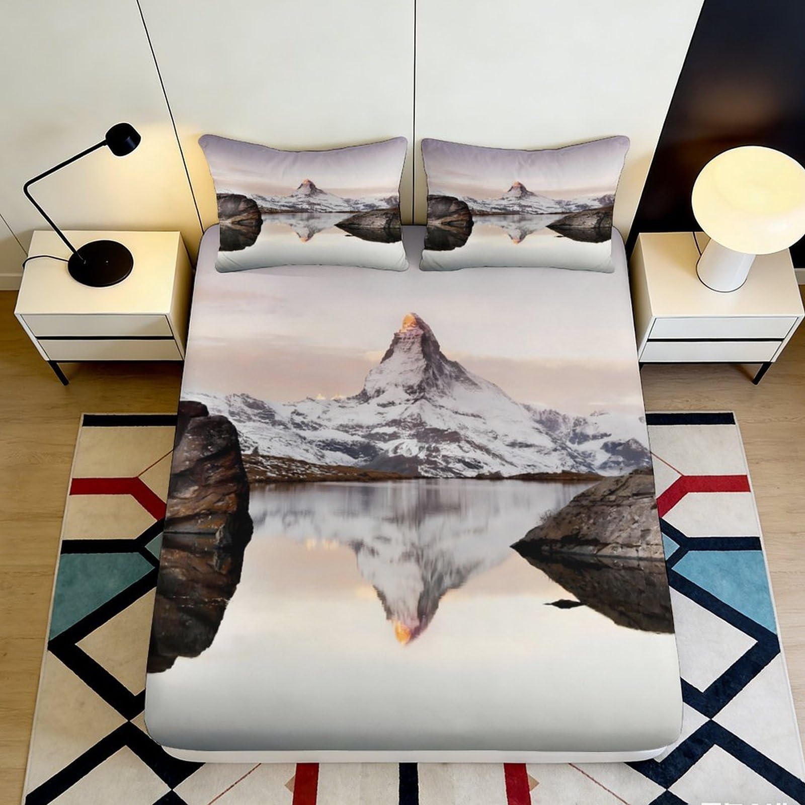 3D Printed mountain landscape Fitted Sheet, soft touch Microfiber, non-slip, easy care, bedroom, guest room bedding, wrinkle resistant, 118x118cm 90x200x25cm