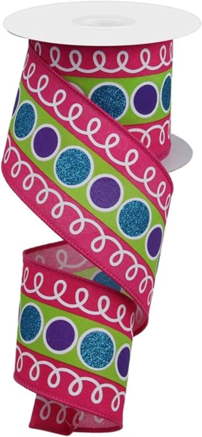 Glitter Circles & Loops Wired Edge Ribbon, 10 Yards (2.5 Inch, Turquoise, Lime, Purple, Pink)